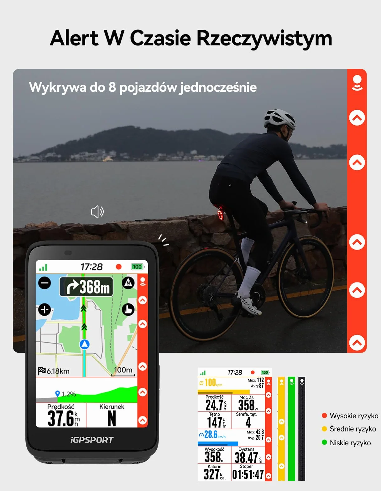 iGPSPORT SRmini Tylna Lampka Radarowa Rowerowa 65 Lumenów ANT+ Bluetooth 5.0 20h Czasu Pracy