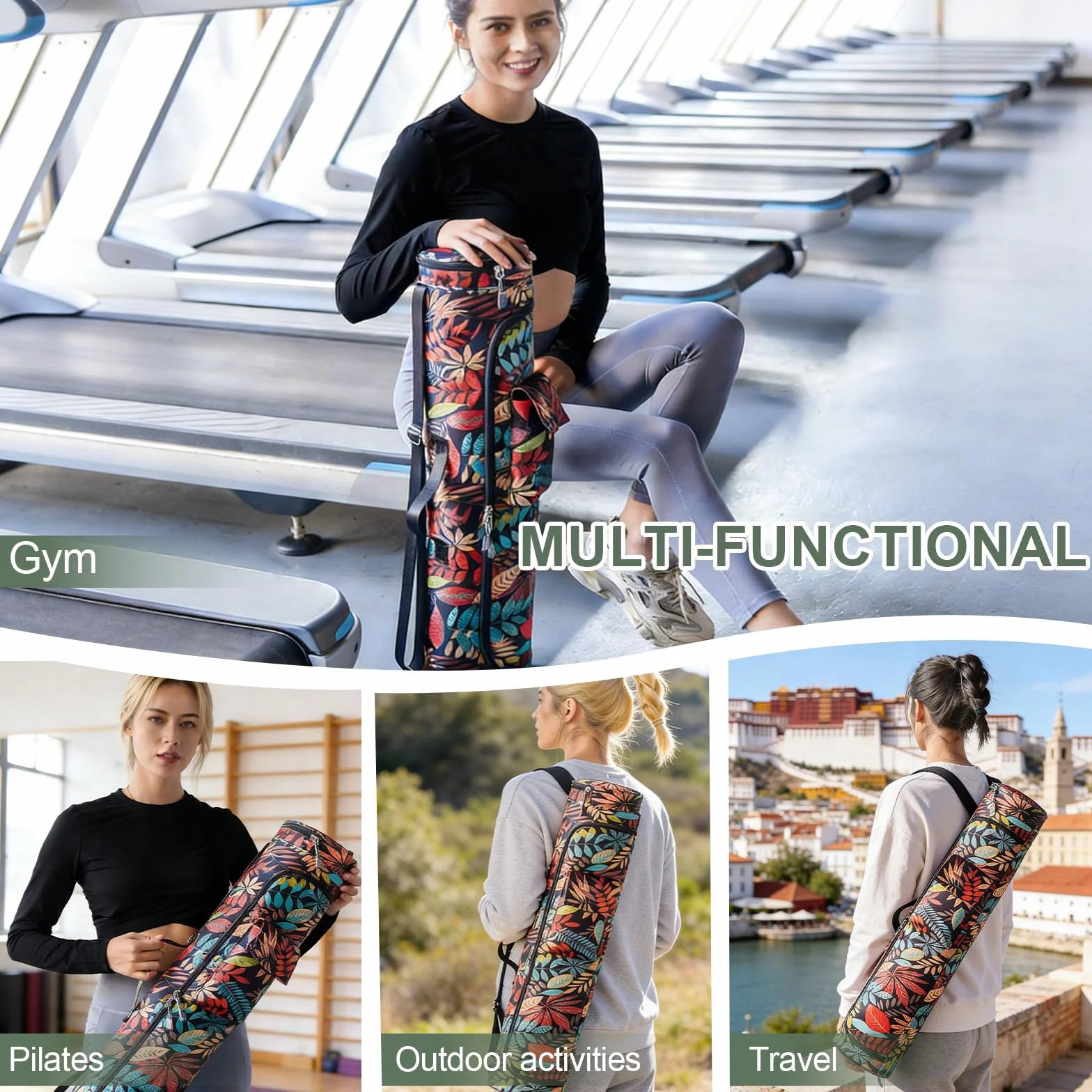 Torba na matę do jogi, damska torba do jogi z kieszenią, torba do jogi z uchwytem na matę, regulowane paski na ramię, torby sportowe dla kobiet, do noszenia maty do jogi, pilatesu lub siłowni
