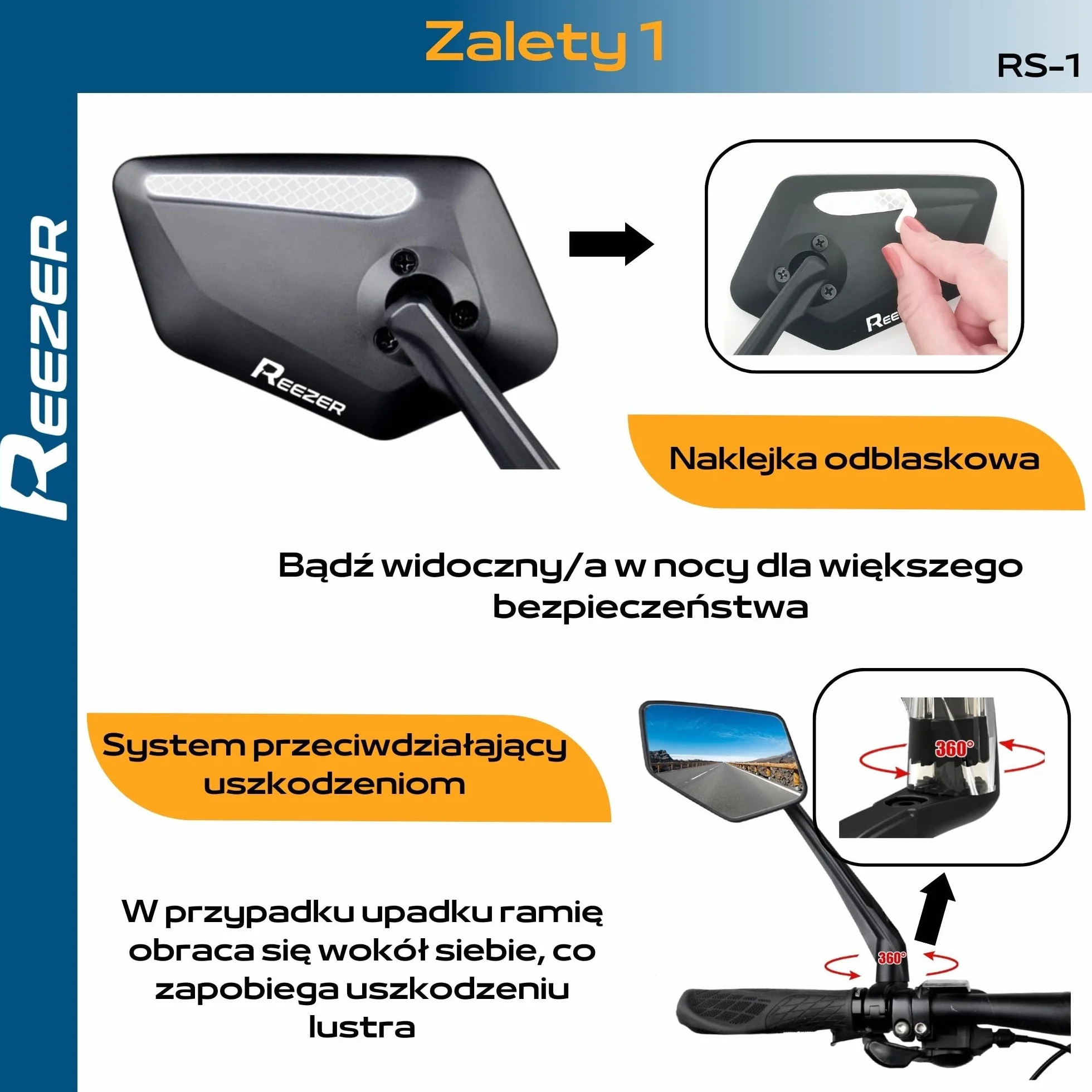 REEZER - Lusterko rowerowe - hulajnoga elektryczna - skuter - Wysokiej klasy i uniwersalny - kompatybilny ze wszystkimi modelami - Odblaskowe - Regulacja 360° PARA