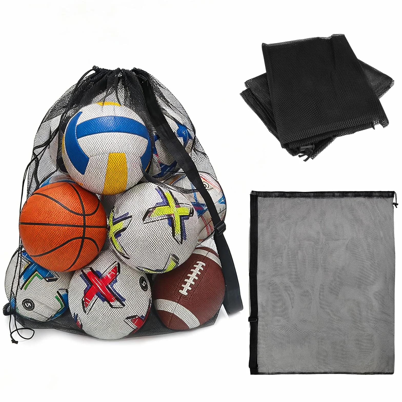 Worek na piłki, 2 sztuki, 75,5 x 100,5 cm, siatka na 10-12 piłek, bardzo duża siatka, przenośna torba na piłkę ze sznurkiem, duża sportowa torba na piłkę, do piłki nożnej, torba na piłkę, czarna