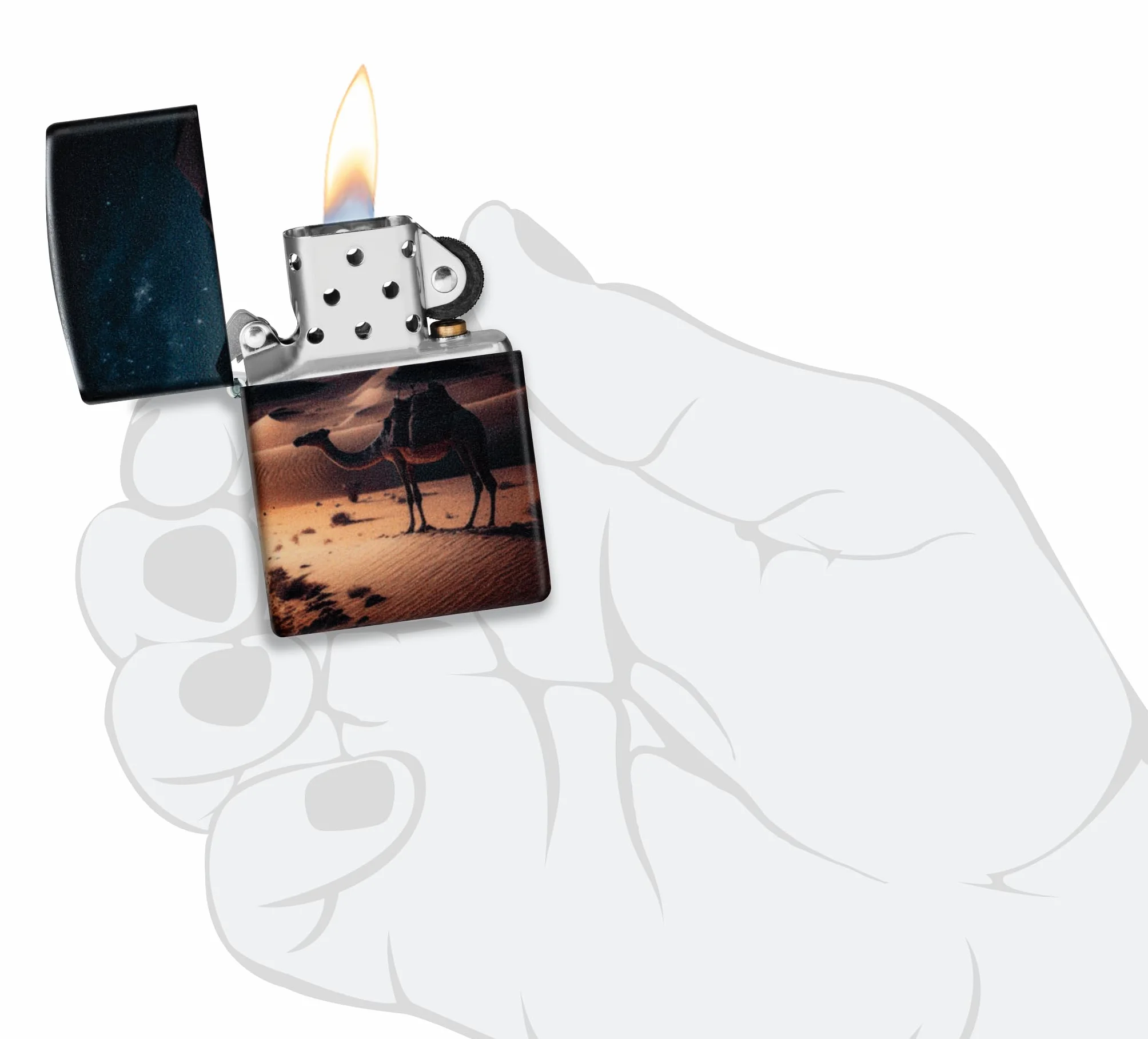Zippo Camel Zapalniczka Sztormowa, Kolorowy Nadruk, do Napełniania, Wielokrotnego Użytku, Wiatroodporna Konstrukcja, Pudełko na Prezent, Wykonano w USA, Kolor Beżowy 540° (Camel 540°)