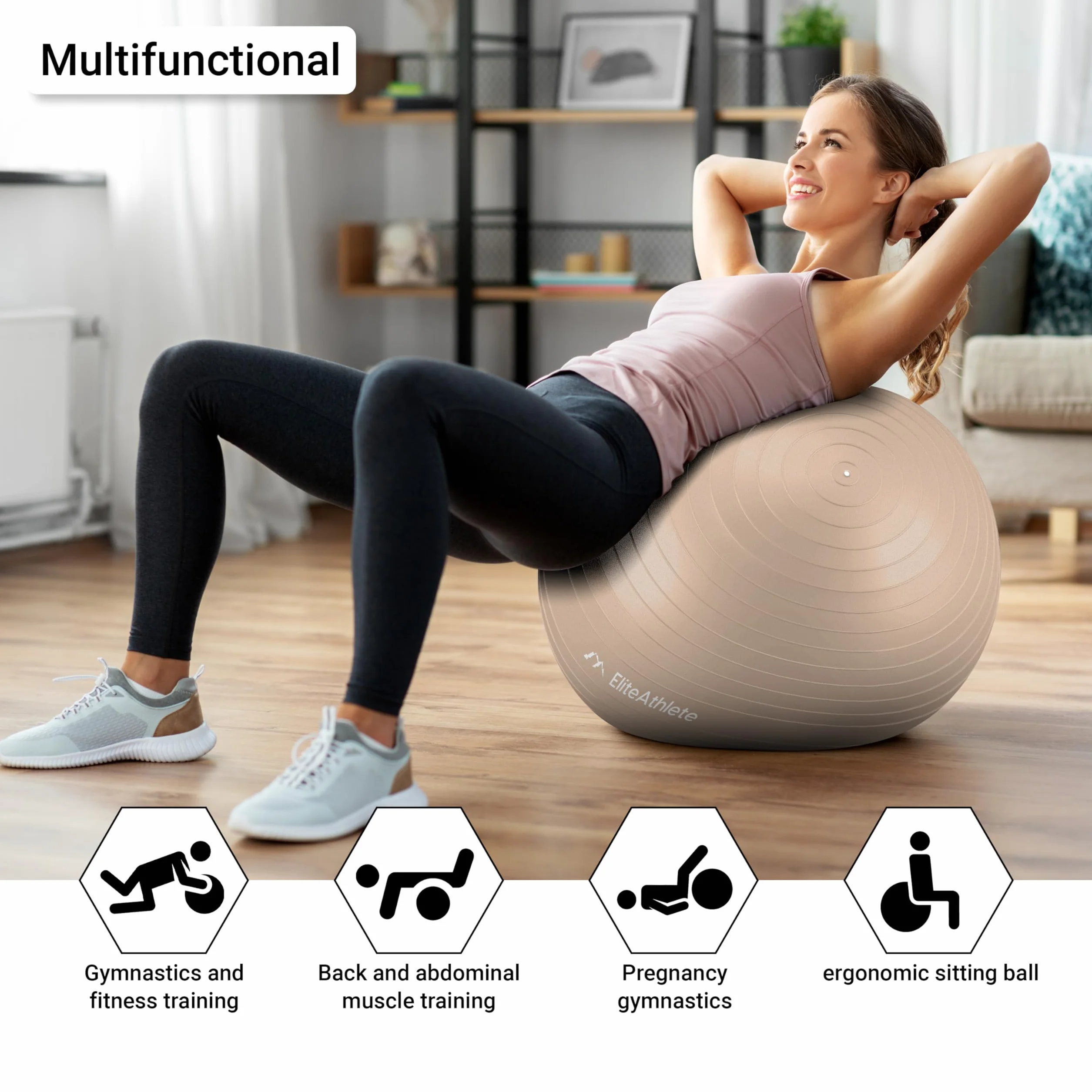 EliteAthlete Ergonomiczna piłka do siedzenia, z systemem zapobiegającym pękaniu, do fitnessu, pilatesu, ciąży, jogi, 65 cm, w zestawie z pompką