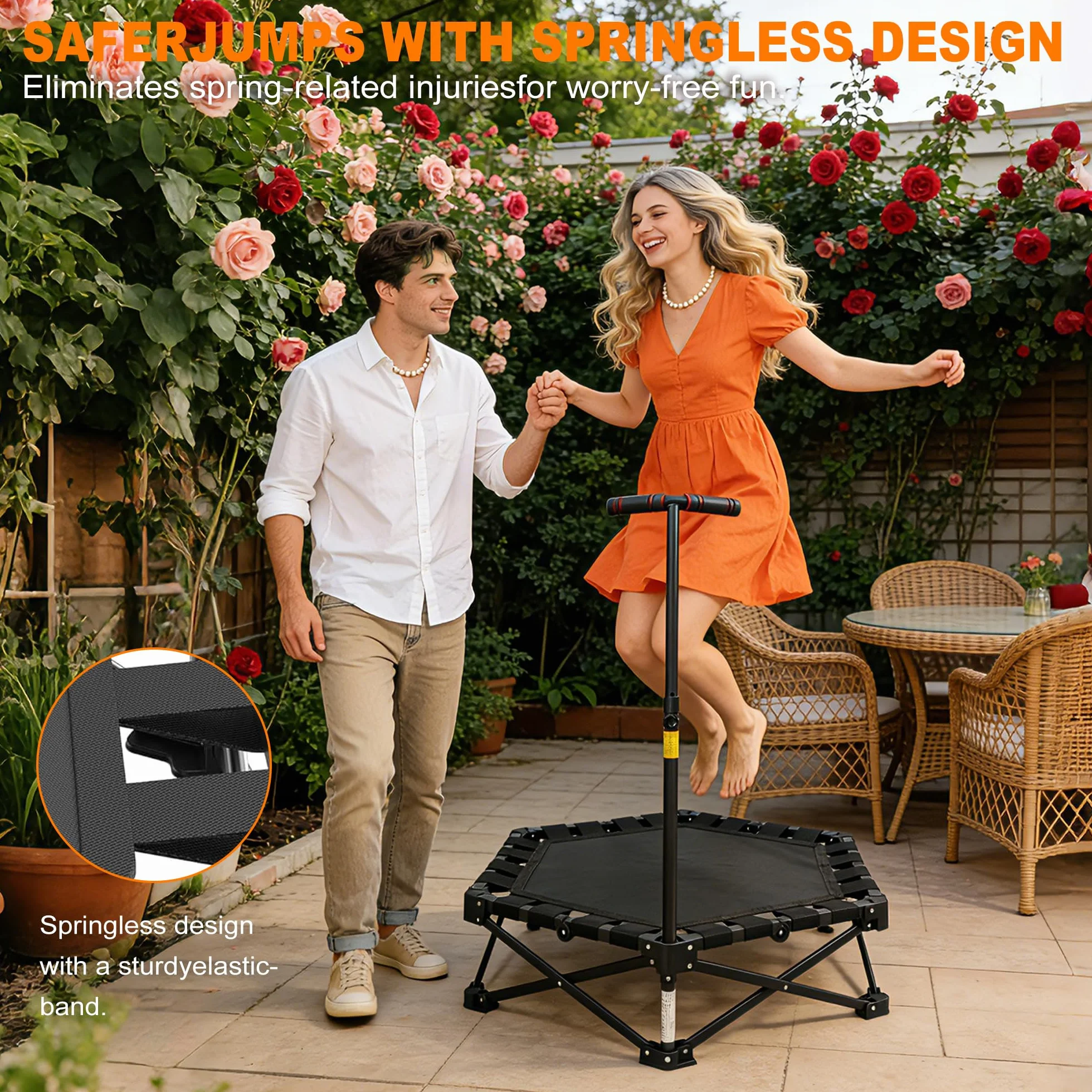 Składana mini trampolina 106 cm, 3-stopniowa regulacja wysokości, bez montażu, do użytku wewnątrz i na zewnątrz, z wytrzymałą ramą X, cicha, antypoślizgowa, do treningu domowego i zabawy