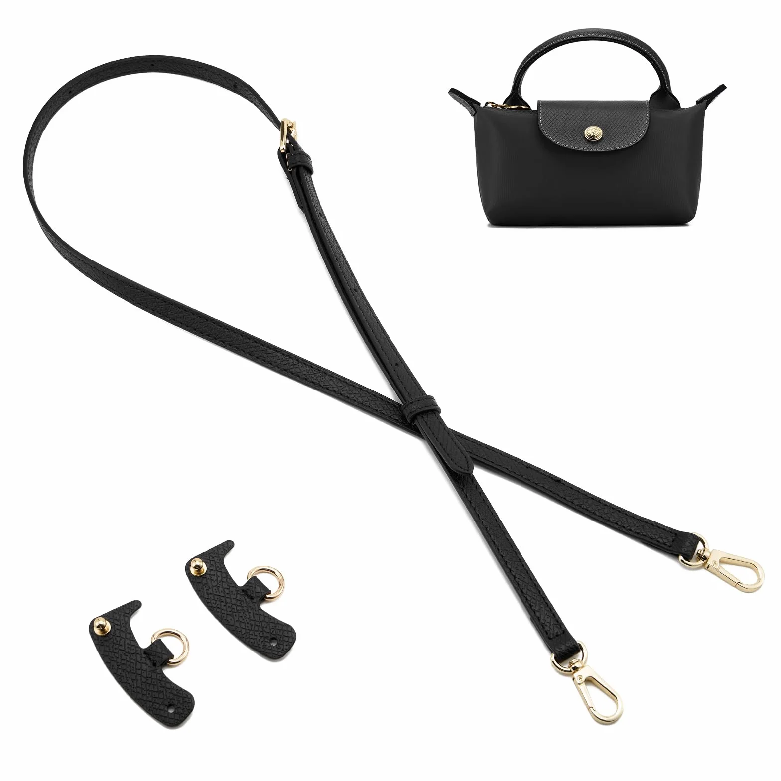 QIUTIMIY Skórzany pasek do torebki, zapasowy pasek na ramię do portfela Longchamp, regulowany pasek na ramię Crossbody (czarny)