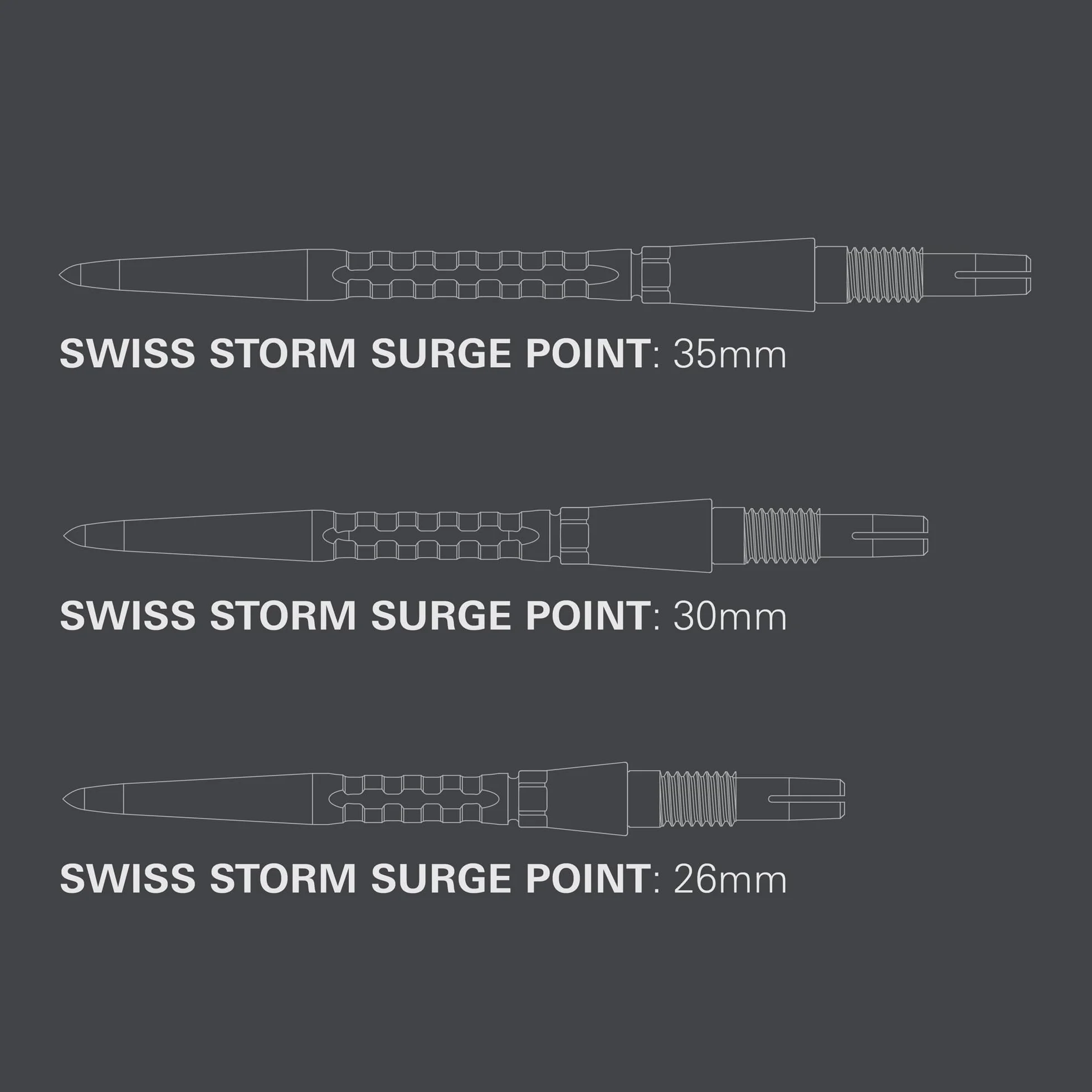 TARGET Darts Swiss Point Storm Dart Points, Zestaw końcówek Surge (3 szt.) 26MM/30MM/35MM - złote/srebrne/czarne | Zmień rzutki, Swiss Storm Points, profesjonalne akcesoria do rzutek