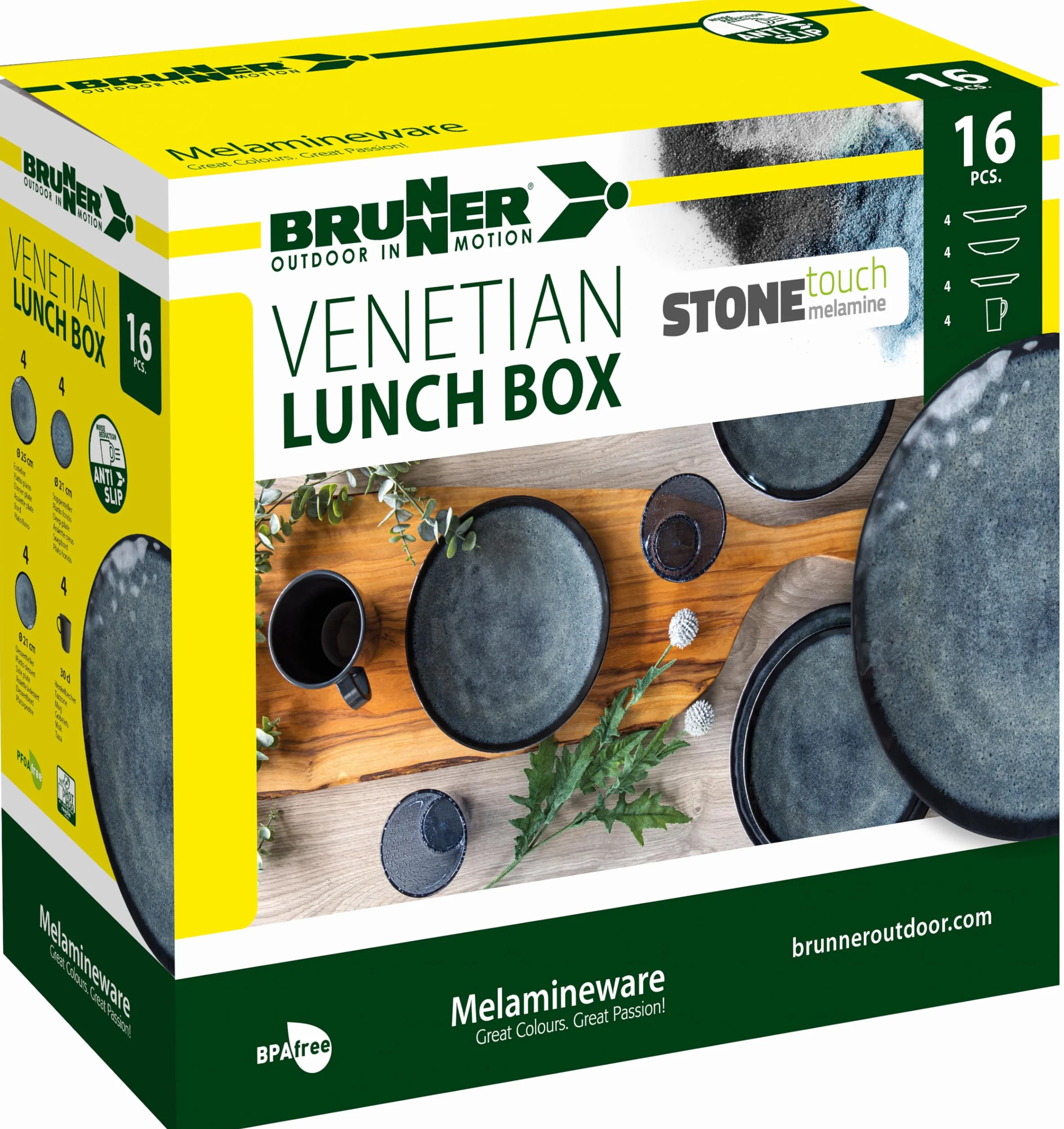 BRUNNER Camping zastawa stołowa (zestaw 16 sztuk) dla 4 osób - Lunch Box Venetian - w melaminy Stone Touch wysokiej jakości, Antypoślizgowe i trwałe