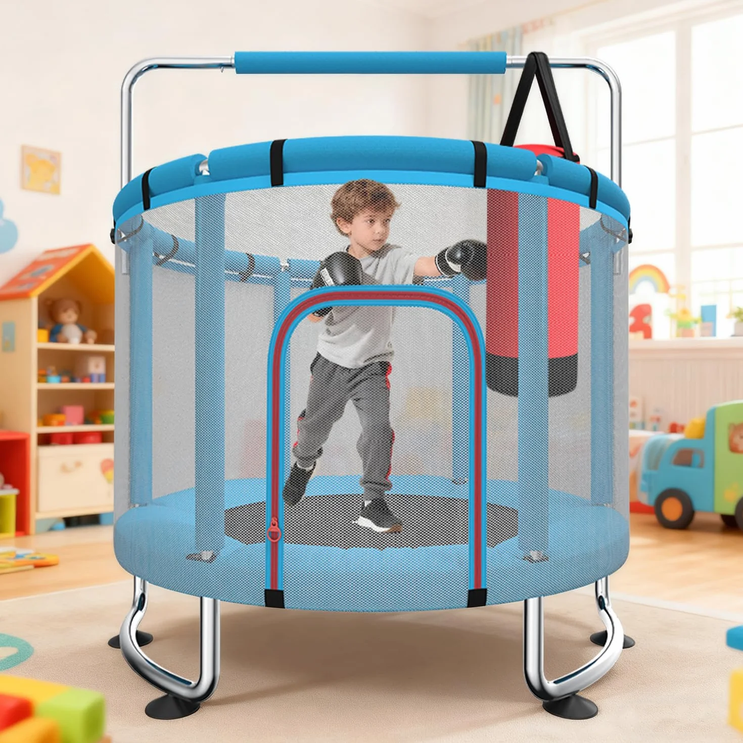 Trampolina dziecięca z siatką bezpieczeństwa, regulowany drążek i huśtawka, niebieska, 3-6 lat