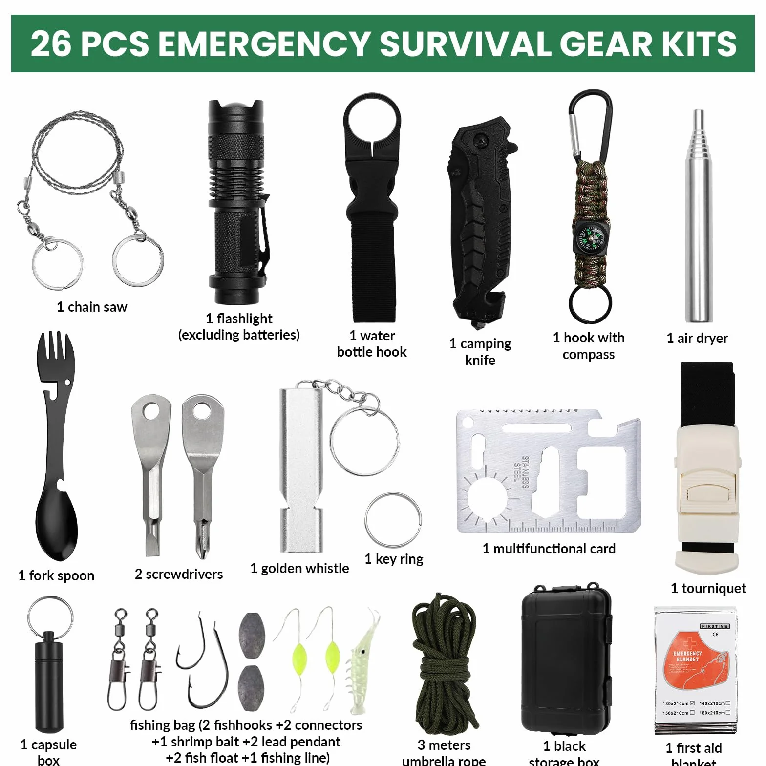 Zestaw survivalowy 26 w 1, profesjonalny zestaw ratunkowy na zewnątrz i do domu, sprzęt outdoorowy, sprzęt survivalowy, na kemping, krzak, wędrówki, polowanie, przygodę