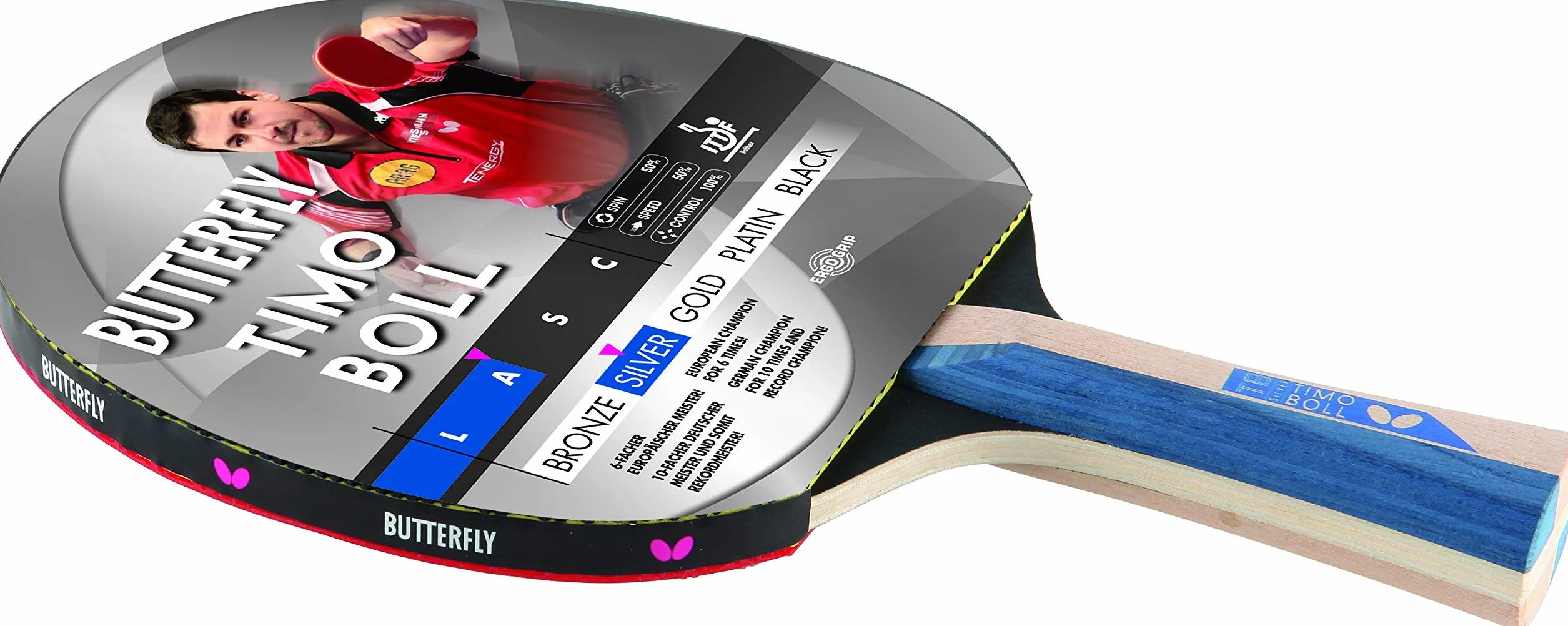 Butterfly® Timo Boll Silver rakieta do tenisa stołowego, rakieta do tenisa stołowego, rakieta dla ambitnych graczy rekreacyjnych, wysoka jakość, z certyfikatem ITTF, anatomiczny kształt uchwytu