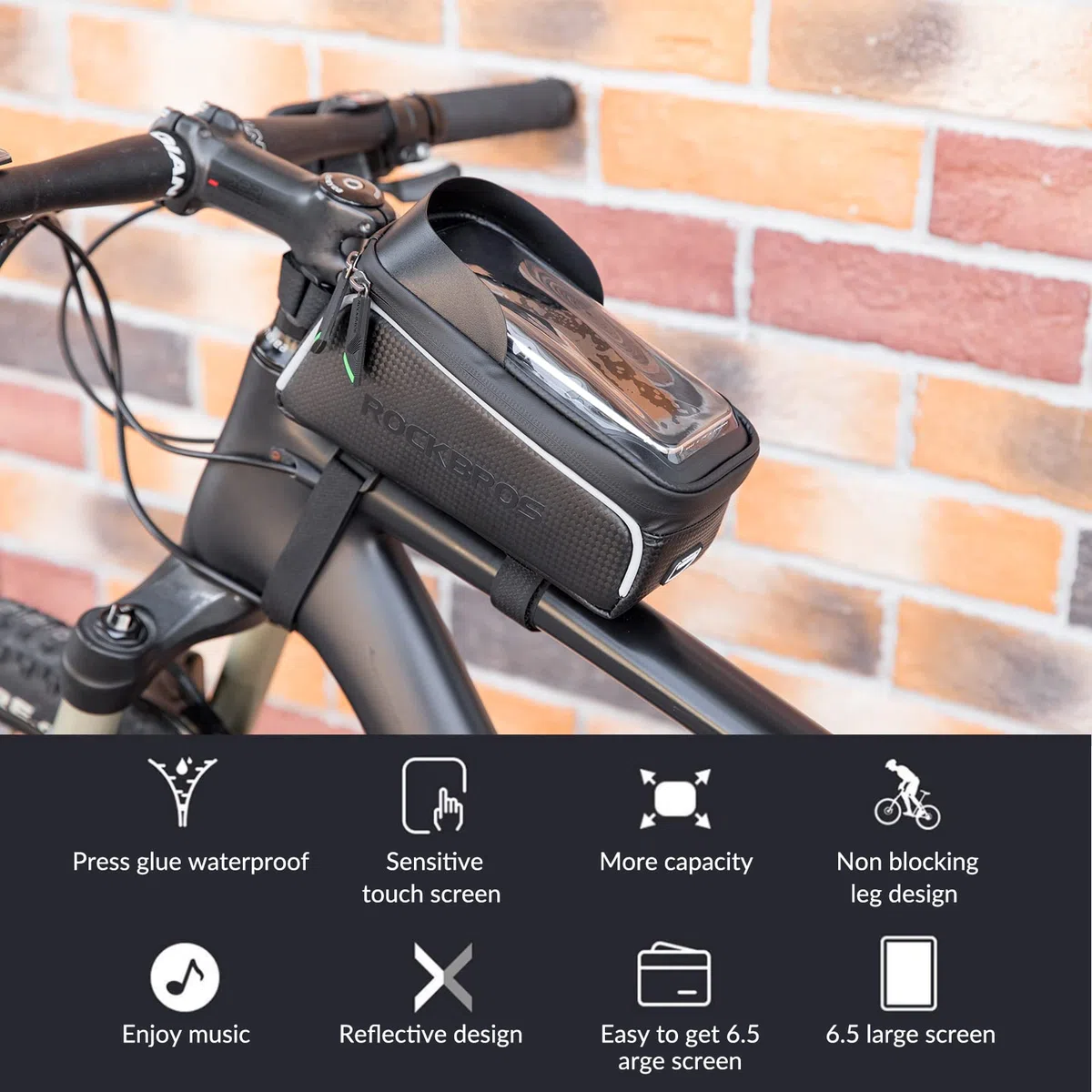 ROCKBROS Torba Rowerowa na Ramę, na Kierownicę, Wodoodporna, Ekran Dotykowy, Duża Pojemność, na iPhone XR/XS/MAX/X/8/7/6Plus, Samsung Galaxy S10Note, Huawei P30 Pro, do Ekranu 6.5 Cala