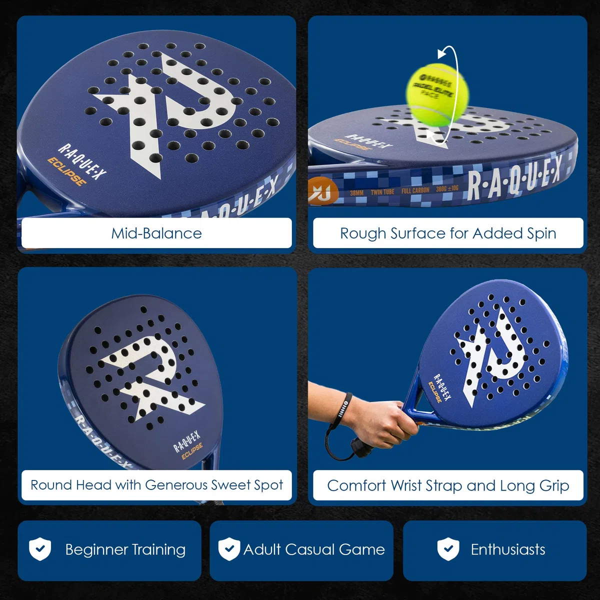 Raquex Eclipse Padel Rakieta - pełna karbonowa, przejściowa do pośredniej rakiety Padel dla kobiet i mężczyzn, 360 g - pianka Reactive ImpactCore EVA 15, system podwójnej rurki dla trwałości