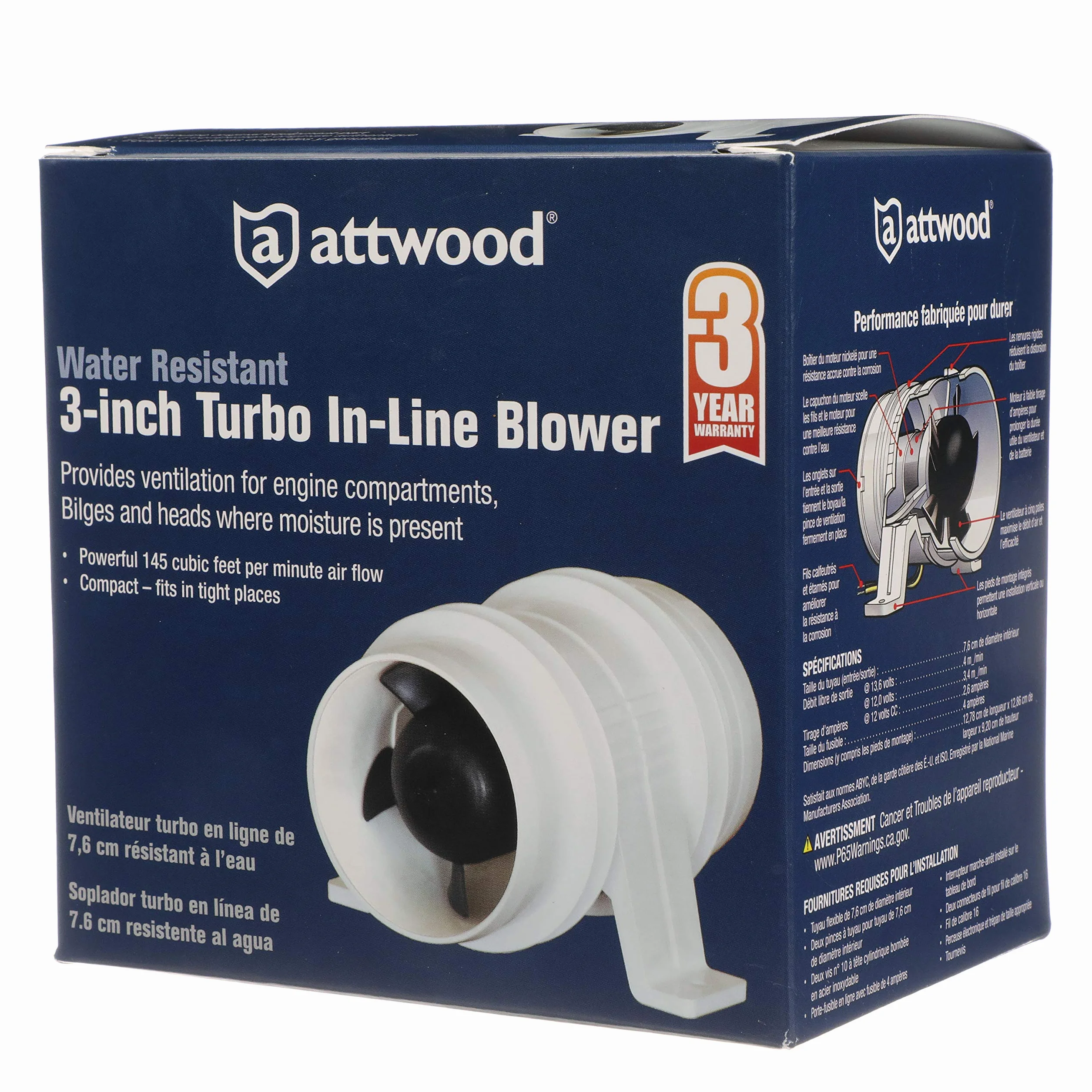 Attwood Turbo 3000 Series wentylator do komory silnika 76 mm wodoodporny 12 V