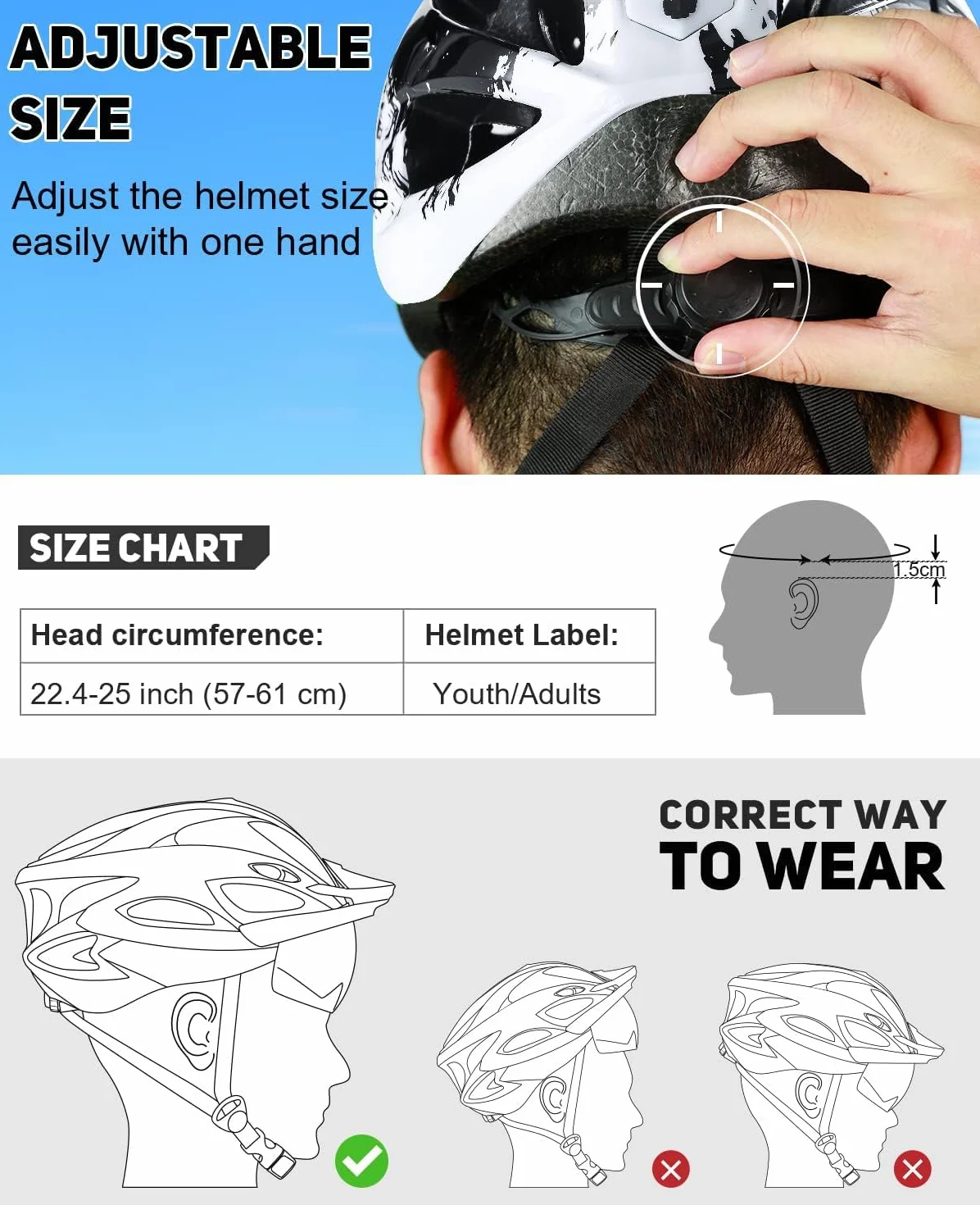 Kask rowerowy dla mężczyzn i kobiet, lekki kask rowerowy ze światłem LED, magnetyczna osłona przeciwsłoneczna, rower górski i szosowy, dla dorosłych, regulowany rozmiar 57-62 cm
