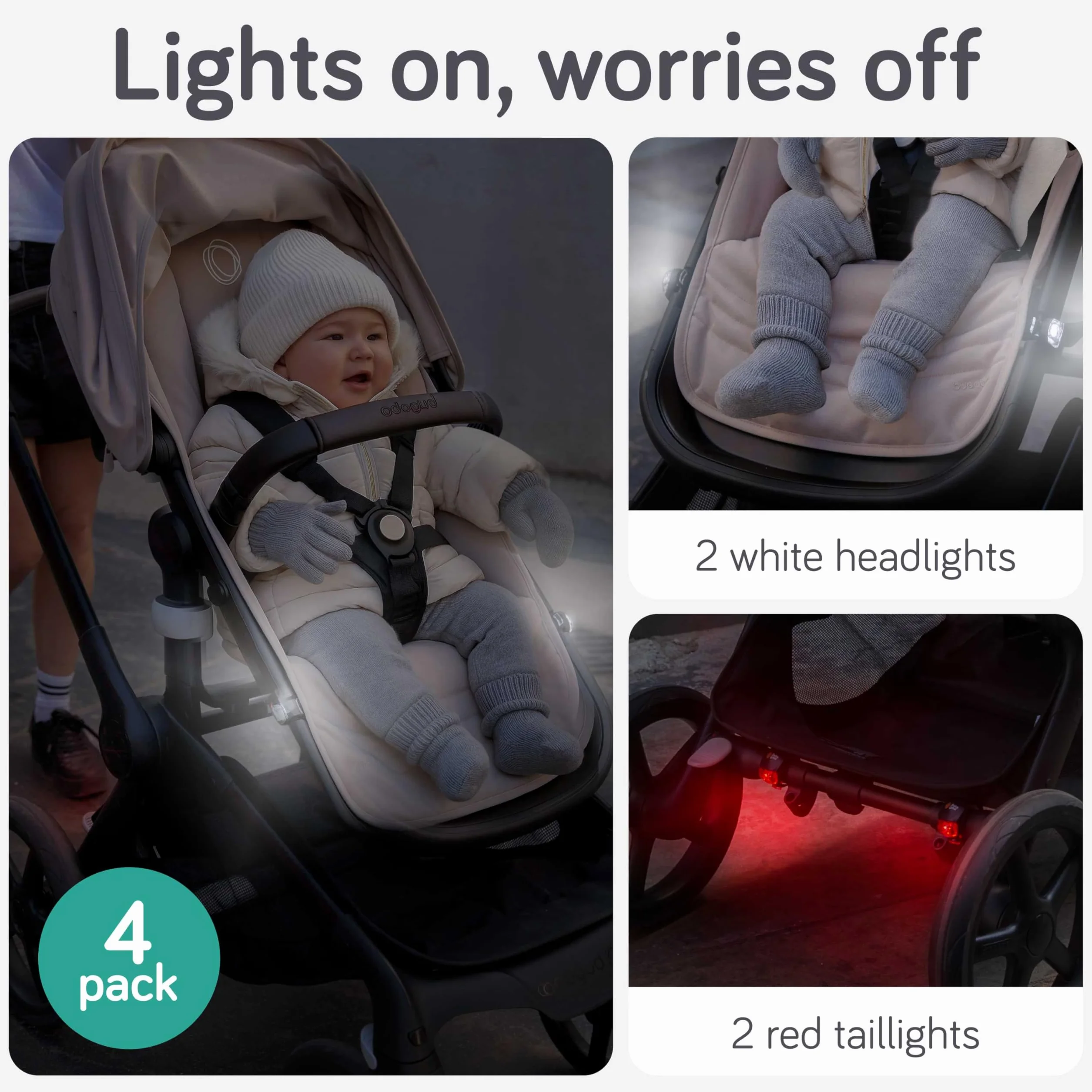 Baby Uma Światła LED do wózka dziecięcego (4 sztuki) – uniwersalne z 3 trybami świecenia (stałe/pulsowe/stroboskopowe), lampki do wózka dziecięcego i rowerowego z przodu i z tyłu (2 białe reflektory i