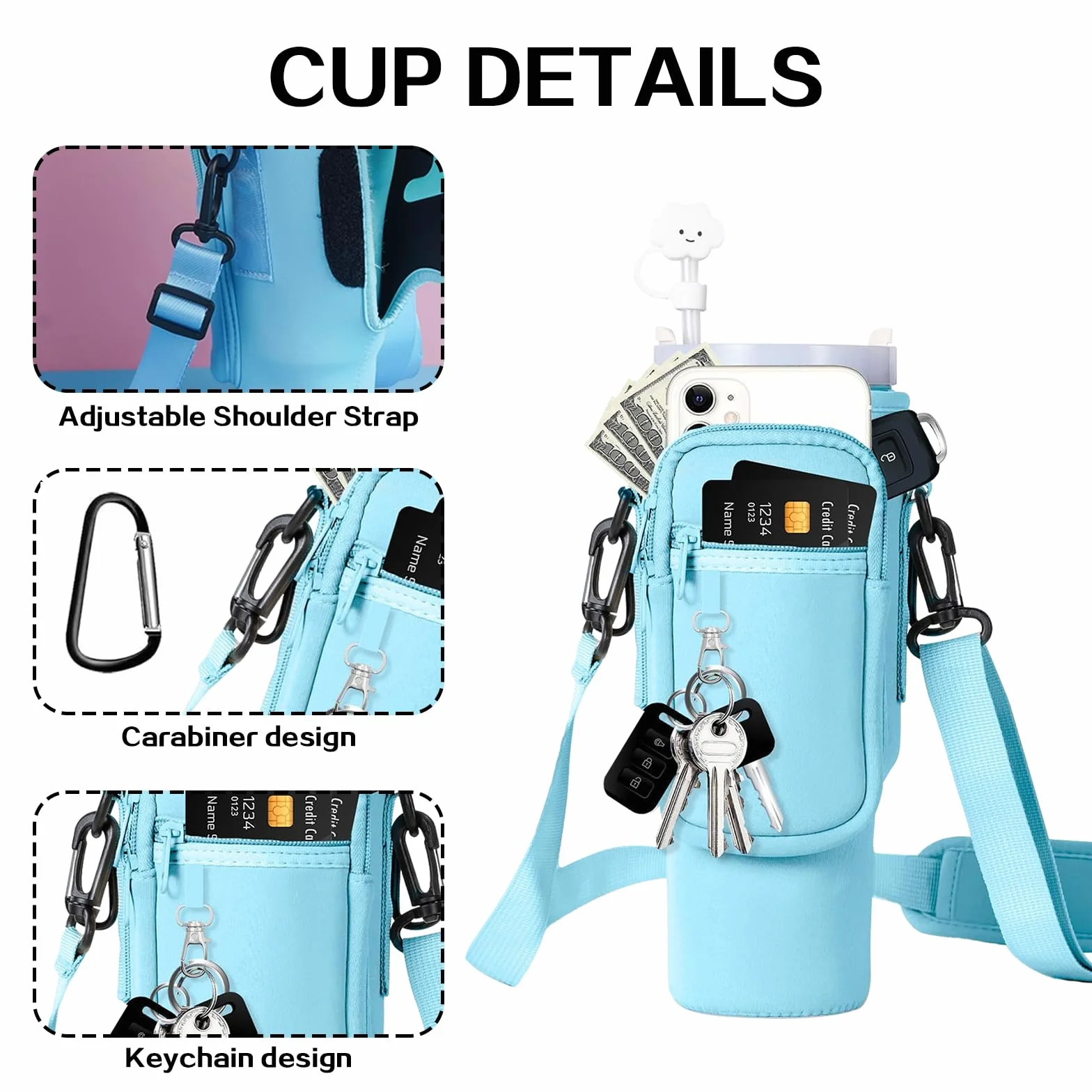 Torba na kubek Stanley Cup 1,2 l / 40 oz – praktyczna torba do przenoszenia z kieszenią na telefon komórkowy, breloczek do kluczy i regulowanym paskiem do użytku na zewnątrz, do biura, podróży i