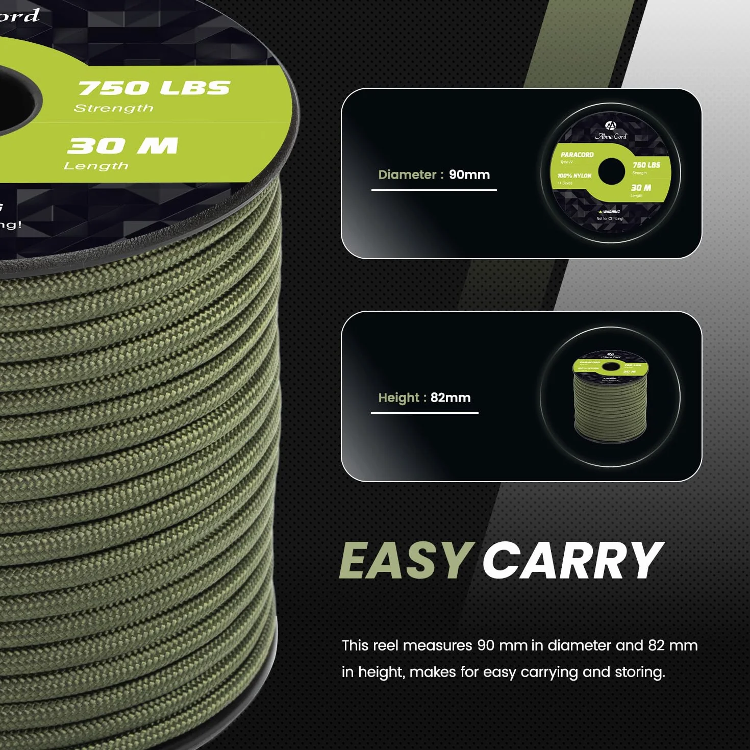 Abma Cord Paracord 750lb 4mm 30m 100% Nylonowa Sznurek Linka 11-żyłowa Typ IV do Biwakowania, Majsterkowania, Zewnątrz, Survivalowy - Max. 340kg (750lb) - Zielony wojskowy