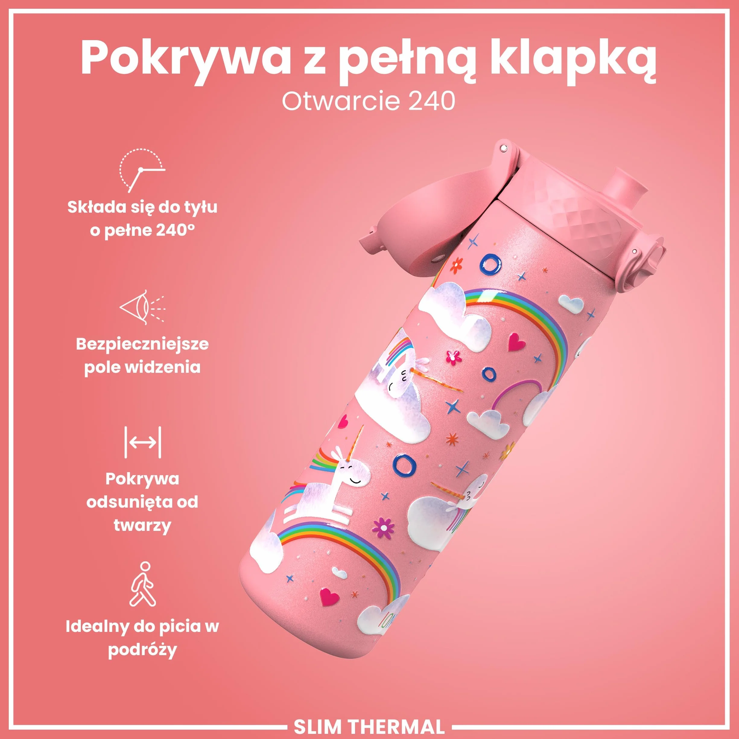 ION8 Termoizolowana Butelka na Wodę ze Stali Nierdzewnej 500 ml, Szczelna, Łatwa w Otwieraniu, Różowe Tęczowe Jednorożce
