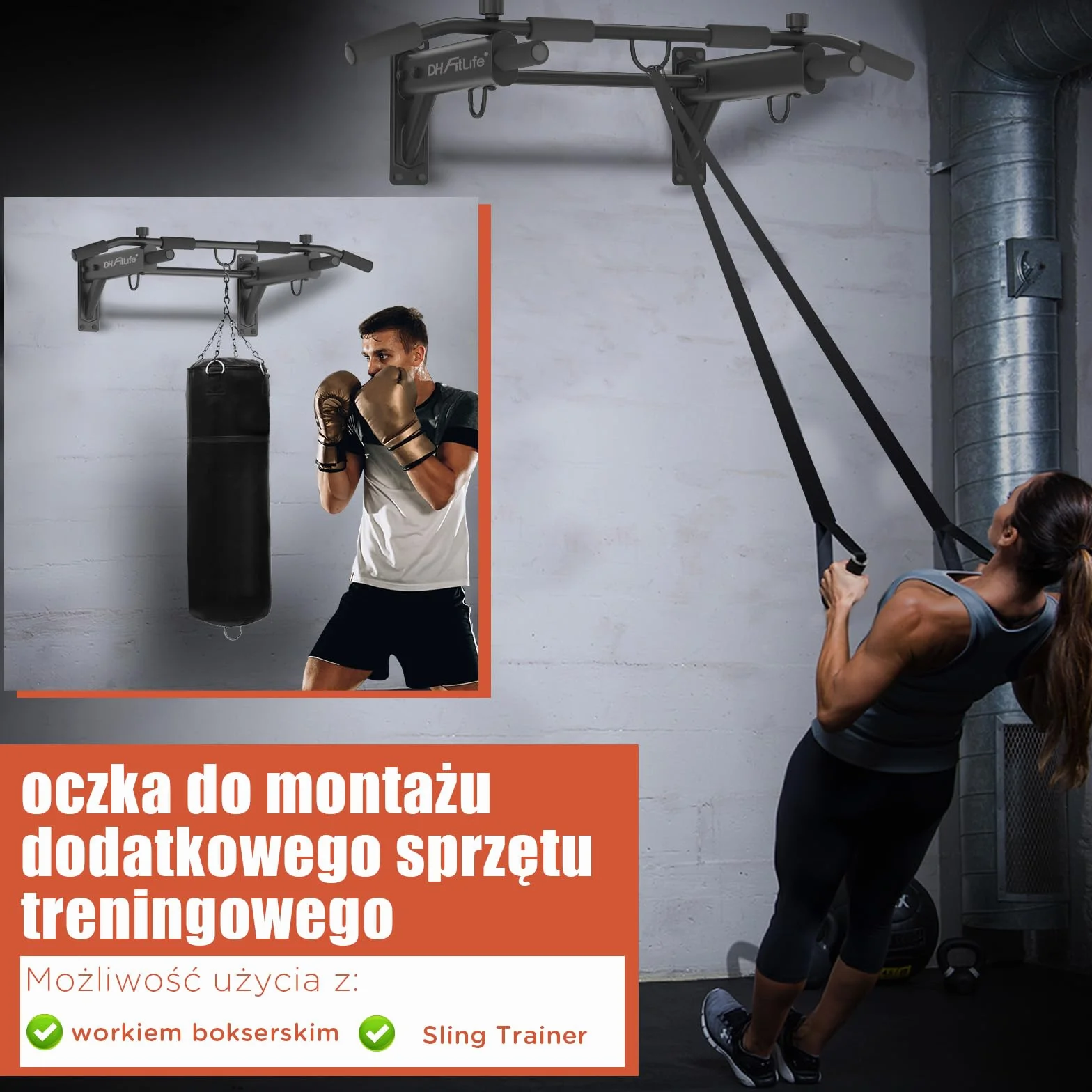 DH FitLife Drążek do podciągania 4 w 1 do montażu na ścianie z kołkiem rozporowym | Wielofunkcyjny drążek do 200 kg | 6 antypoślizgowych uchwytów | 3 oczka do worka bokserskiego i taśm treningowych