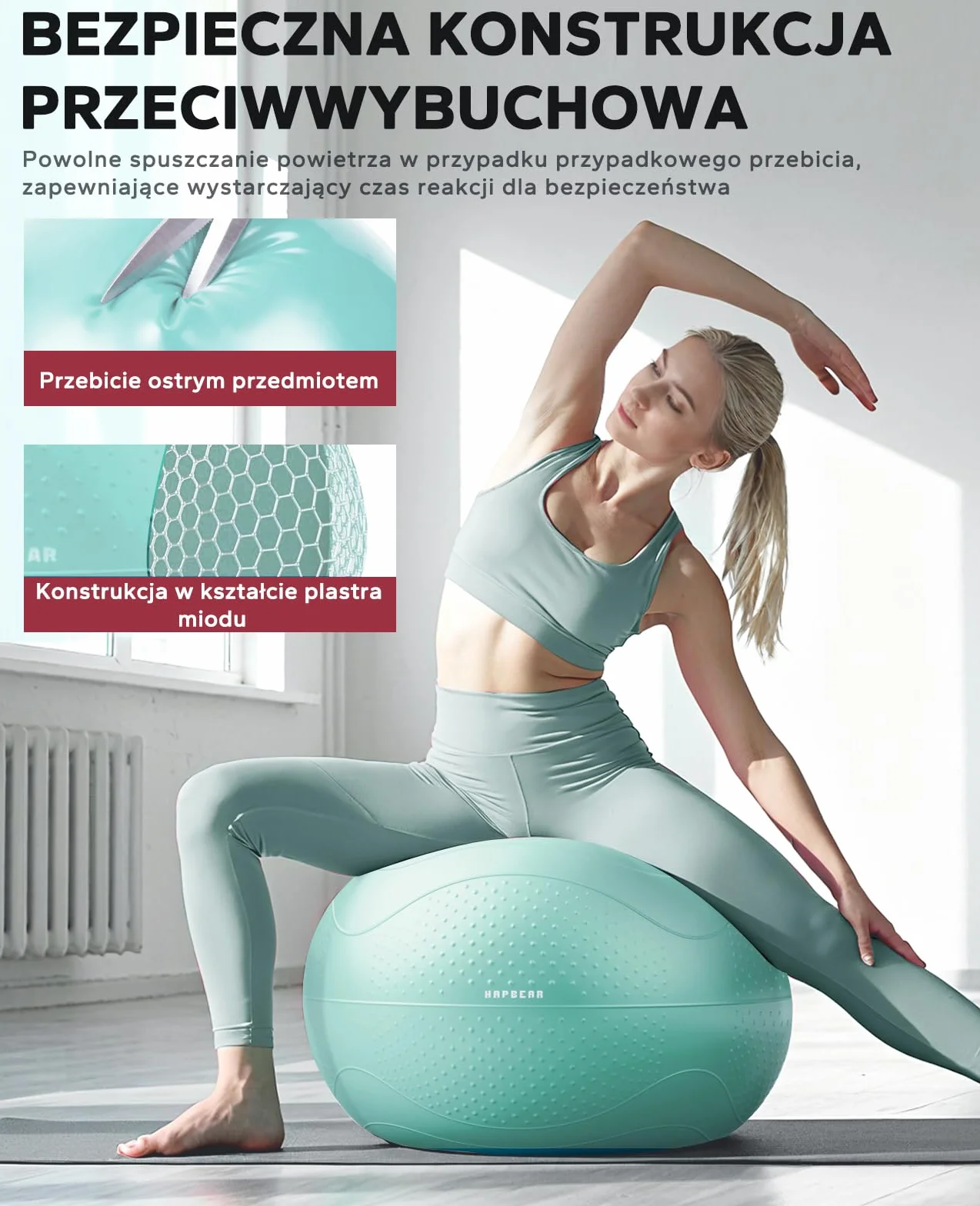 HAPBEAR Piłka Gimnastyczna 55/65/75 cm Antywybuchowa Piłka Fitness do Ćwiczeń Jogi i Pilatesu