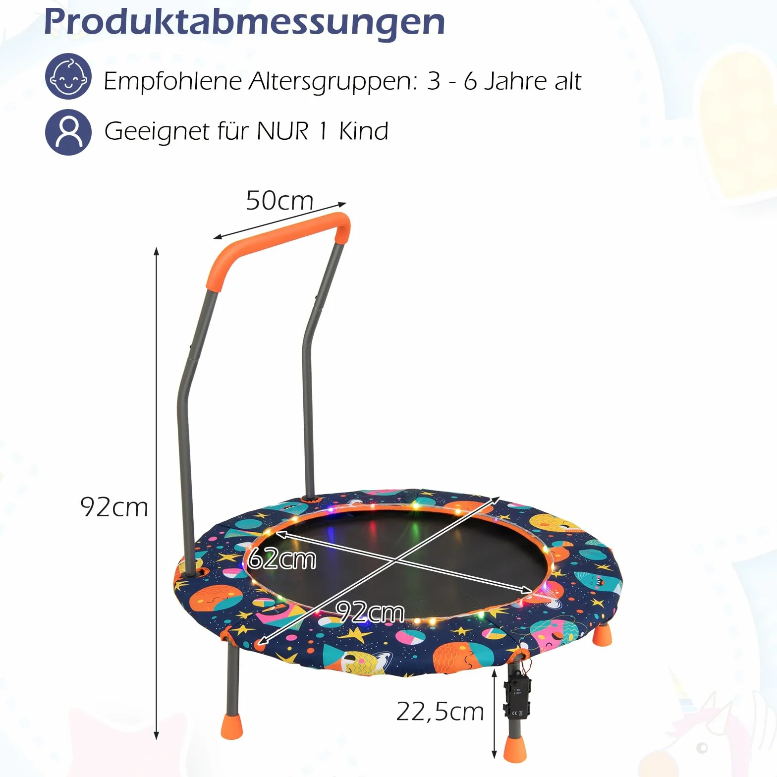 COSTWAY Trampolina dla dzieci 92 cm z oświetleniem LED, uchwyt bezpieczeństwa, obciążenie 25 kg