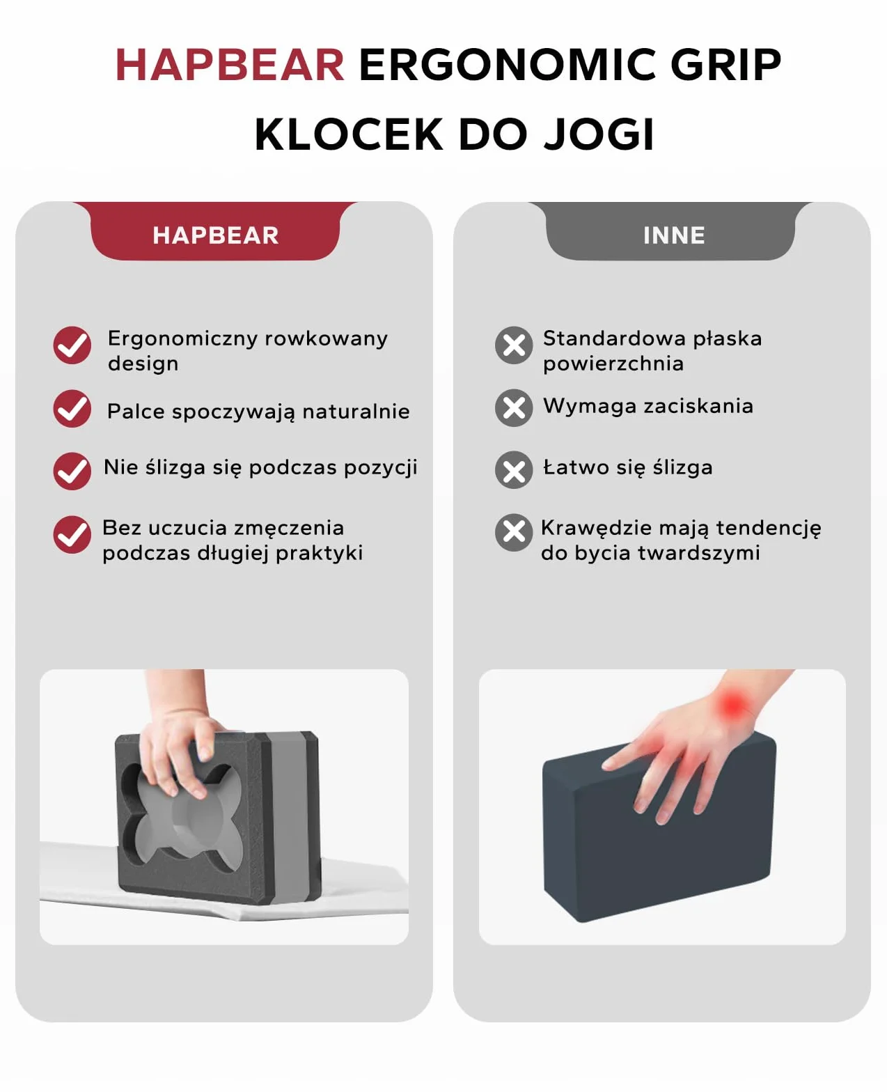HAPBEAR 2 Klocki do Jogi – 23×15×7,5 cm EVA, Antypoślizgowe i Lekkie, Ergonomiczne, Stabilne do Pilates i Rozciągania – z Paskiem, Taśmami i Piłką do Masażu