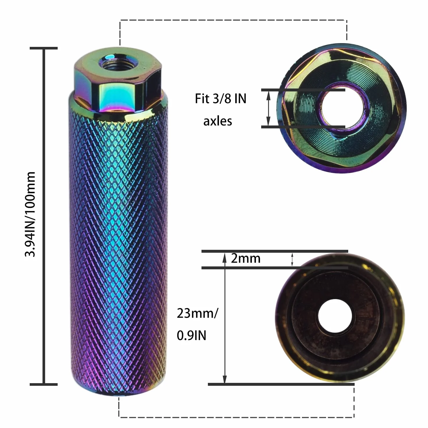 KINSPORY 3/8 cala - 26-zębowe kołki rowerowe ze stopu aluminium, tylne siedzenia, zestaw 2 szt. BMX peg, bIke peg(tęczowy)