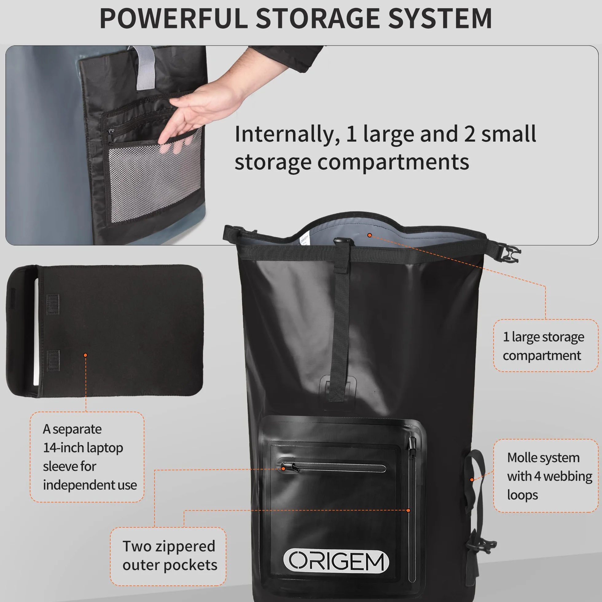 Origem Wodoodporny plecak 35 l / 55 l / 85 l / 85 l / 85 l, zwijany top z wyściełanym panelem tylnym i paskami na ramię oraz wodoodporną torbą na telefon i etui na laptopa, wodoodporna torba na