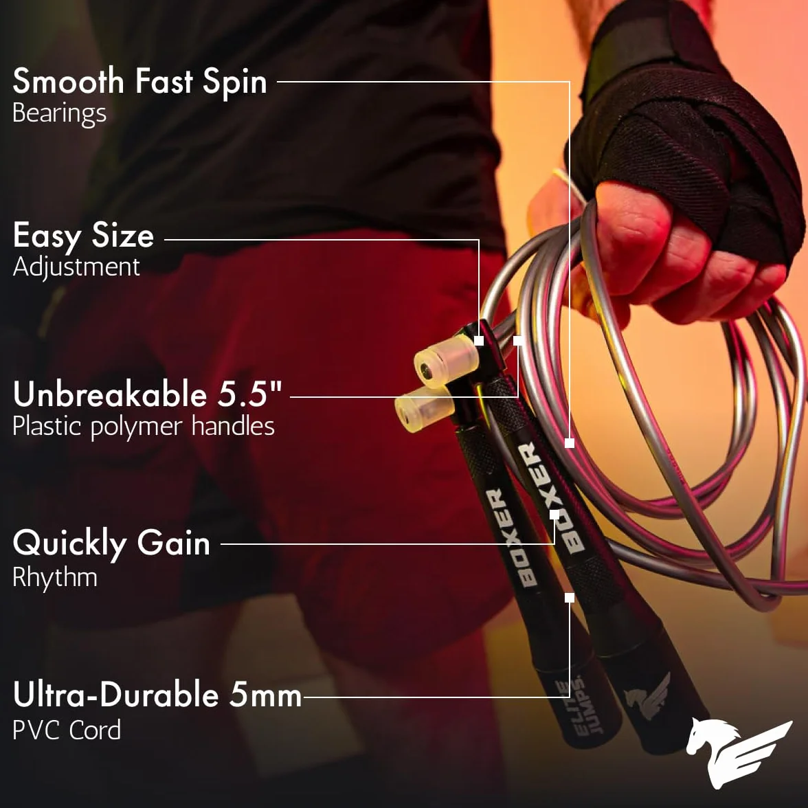 EliteSRS Boxer Jump Rope 3.0 skakanka 3,05 m do stosowania na zewnątrz, 5 mm PVC, z gładkimi polimerowymi rękojeściami i ergonomicznymi, antypoślizgowymi uchwytami z wypustkami, czarna