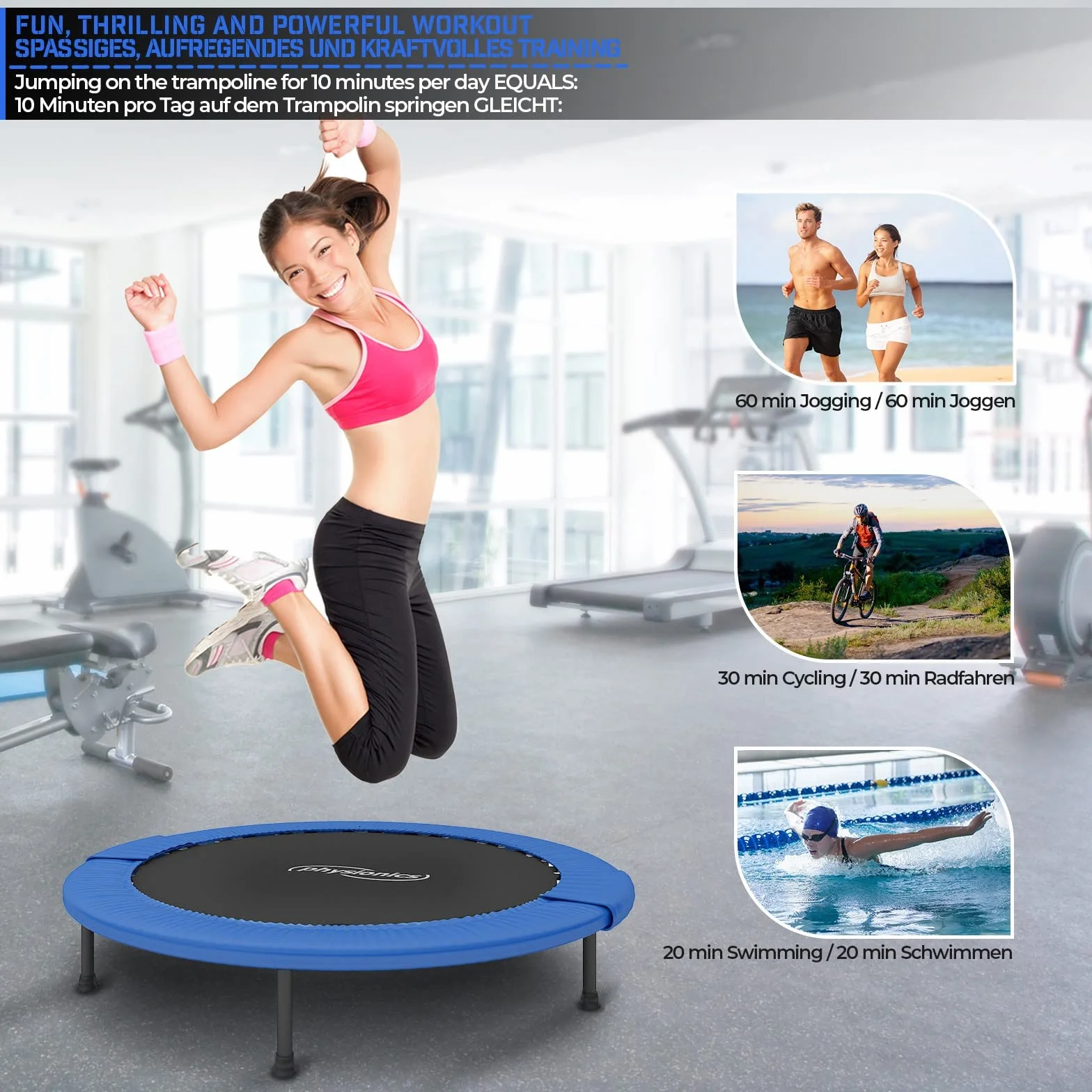 Physionics Elastyczna trampolina - średnica do wyboru (Ø 81, 91, 96, 102, 114, 122 cm), antypoślizgowe nóżki, do wewnątrz i na zewnątrz, mini trampolina, mata fitness, do skakania