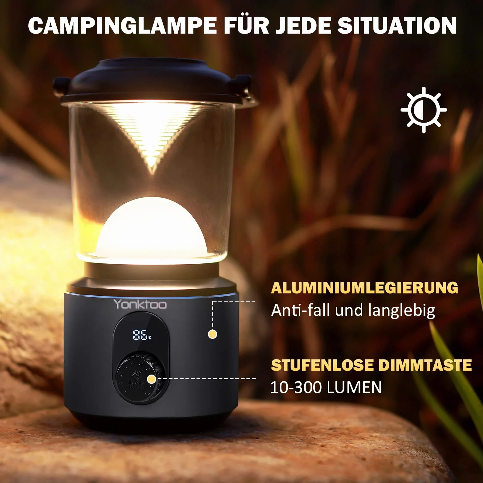 Yonktoo Lámpara de camping 10400 mAh recargable aleación de aluminio 5 modos luz pantalla LCD impermeable
