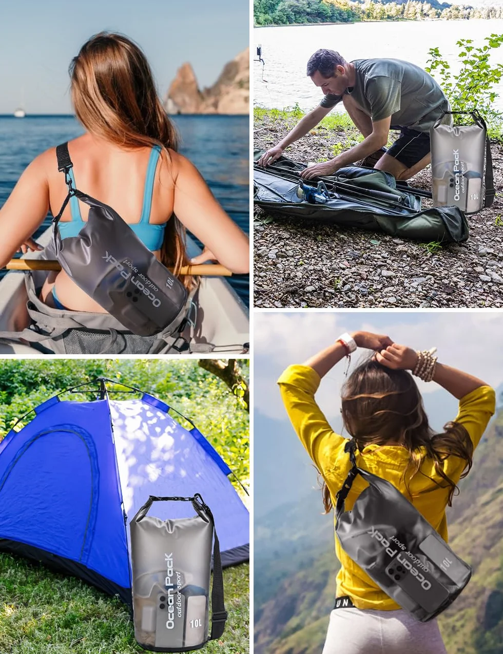 Worek wodoszczelny, 20L 10L 5L 2L Wodoszczelny plecak z paskiem na ramię i wodoodpornym etui na telefon, Pływanie, Kąpiel, Plaża, Kajak, Stand Up Paddling, Nurkowanie, czarny, 10l, moda