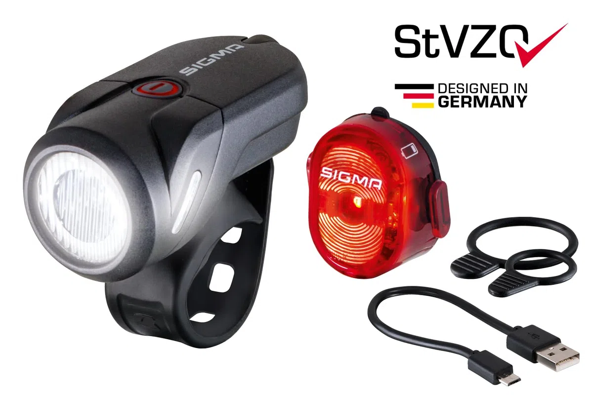 SIGMA Aura 35 i NUGGET II | Akumulatorowy zestaw przedniego i tylnego światła do roweru | Zestaw bryzgoszczelny