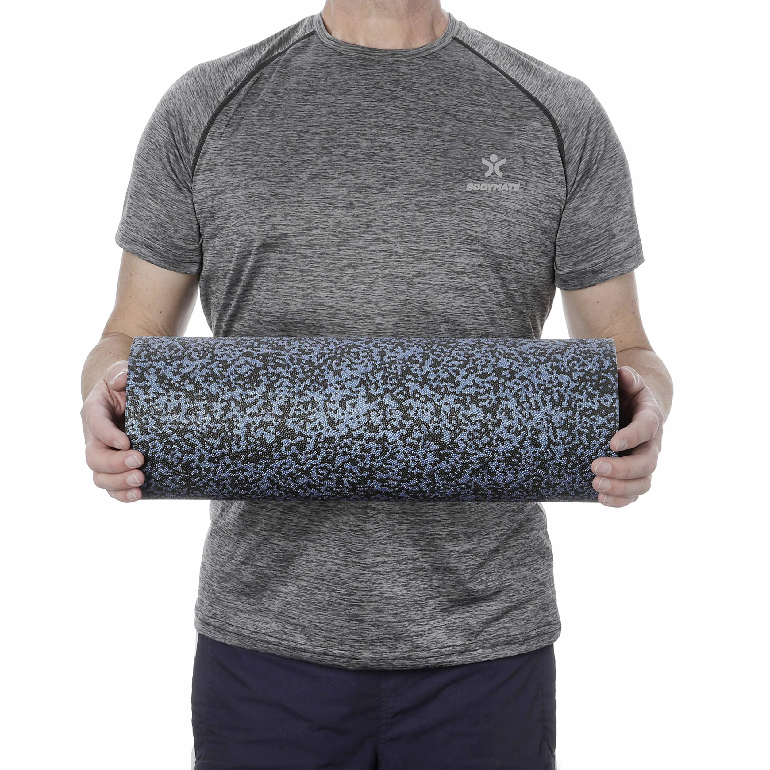 BODYMATE – wałek powięziowy, ekstra twardy, wałek treningowy do masażu indywidualnego i całego ciała, dla aktywnych sportowców, e-book w zestawie, różne długości, kolor szaro-niebieski/czarny