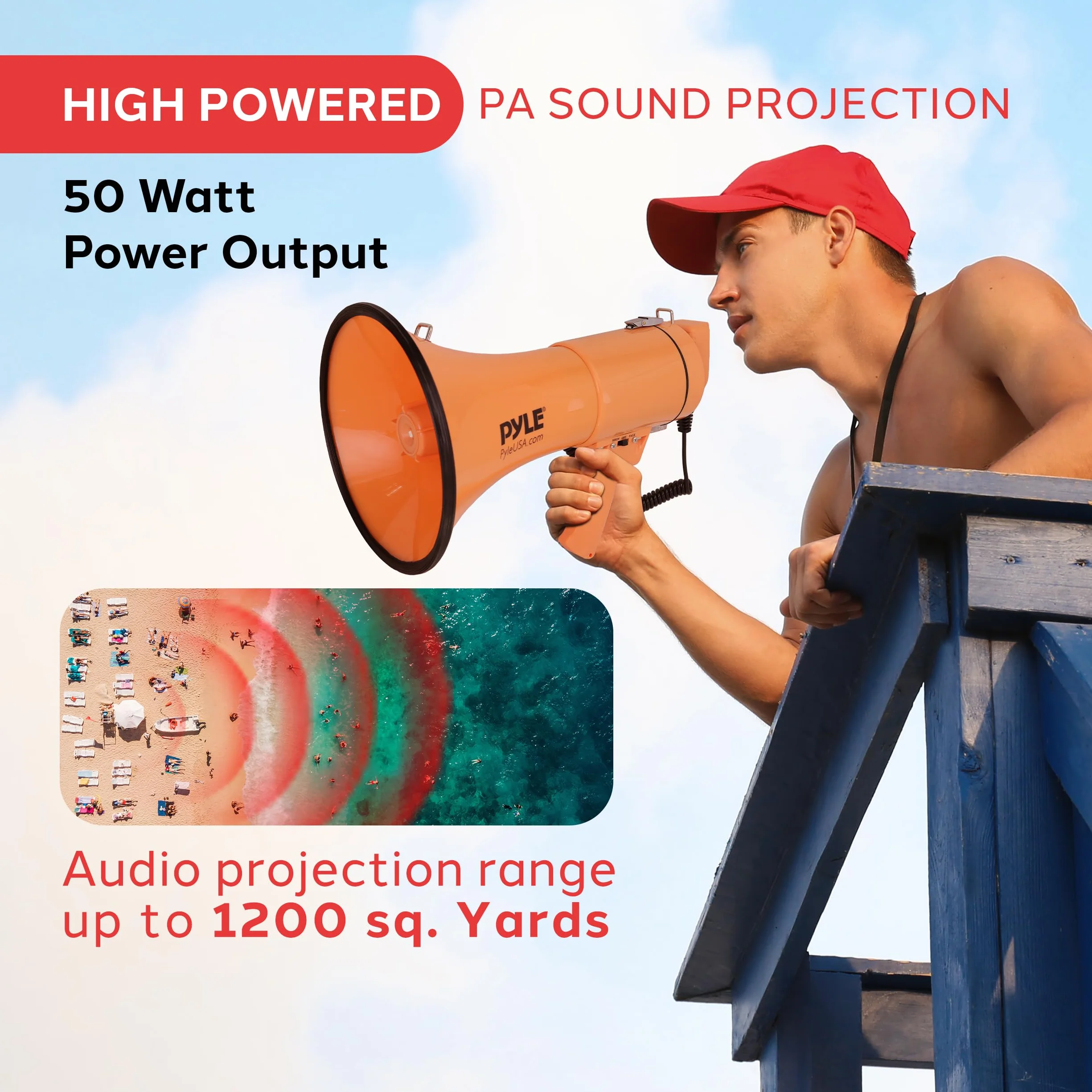 Pyle 50W Megaphone Bullhorn Portable with Siren, Adjustable Volume, 1200 Sq Yd Range, Aux Input, Orange