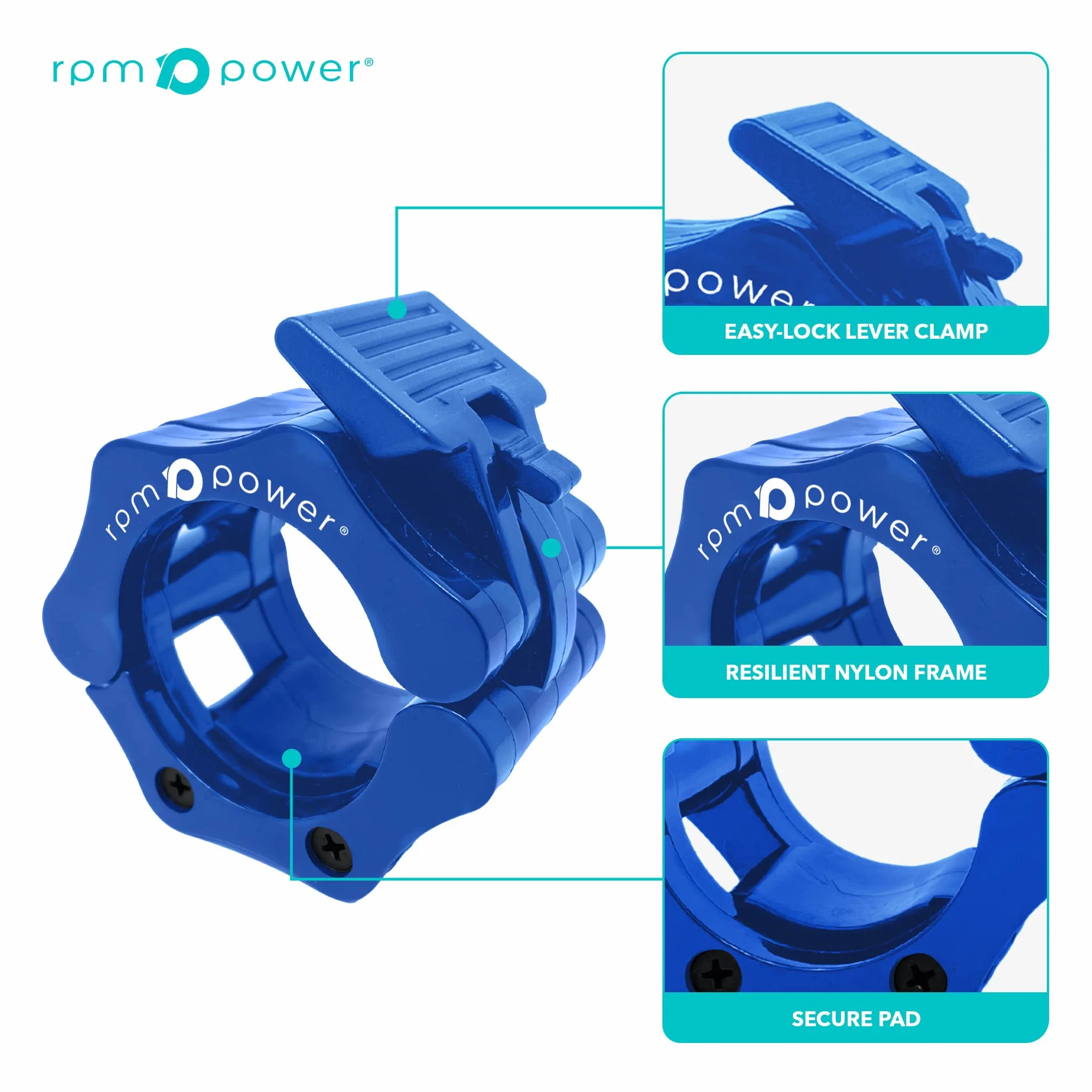 RPM Power Lockjaw Barbell Collars (para) - Zacisk do sztangi Ultra Lock Collars - 2 cale Quick Release (niebieski)
