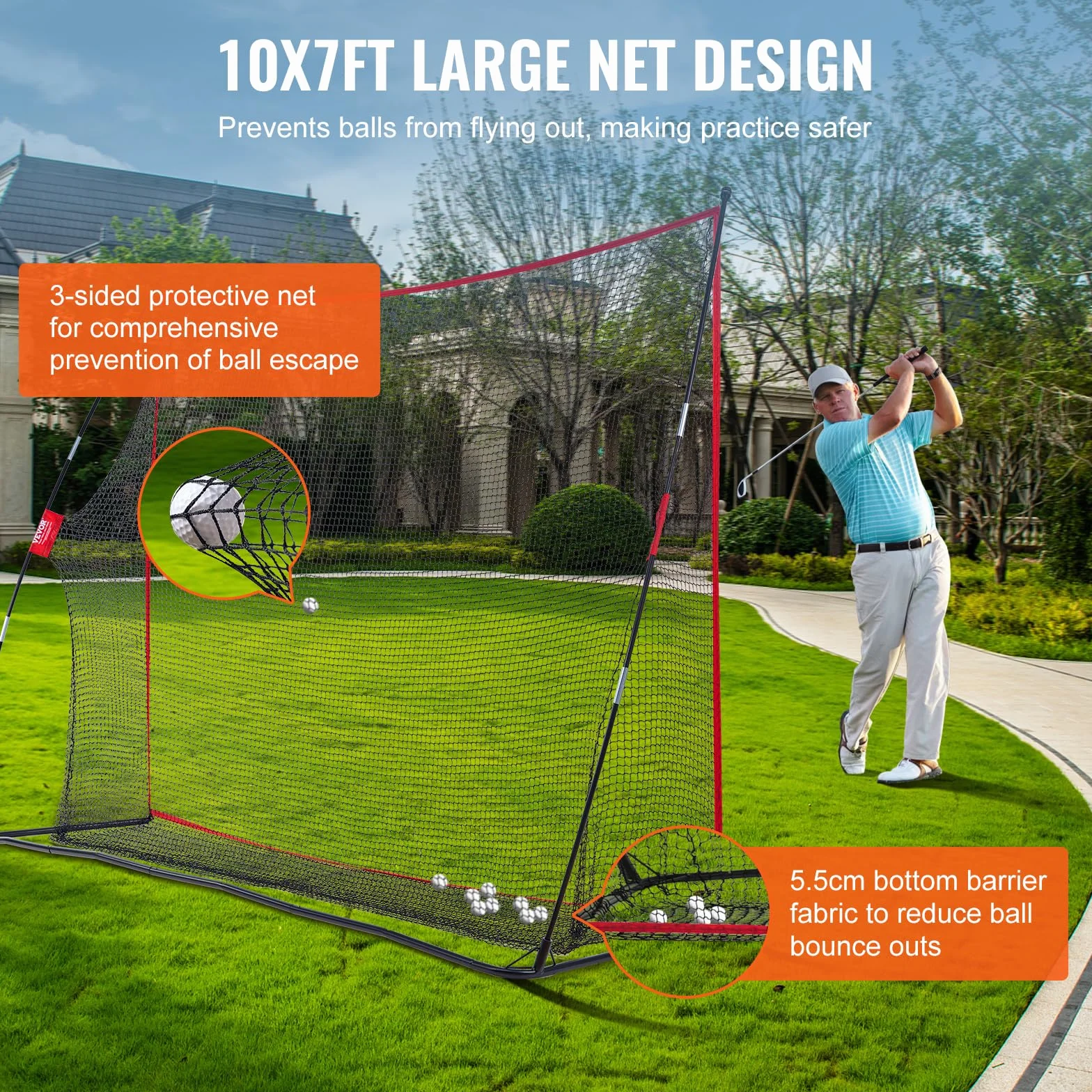 VEVOR Siatka do ćwiczeń golfowych, ogromna siatka golfowa 3,3 x 2,1 m, osobisty zasięg jazdy do użytku wewnątrz i na zewnątrz, przenośna domowa siatka do gry w golfa z solidną ramą z włókna szklanego