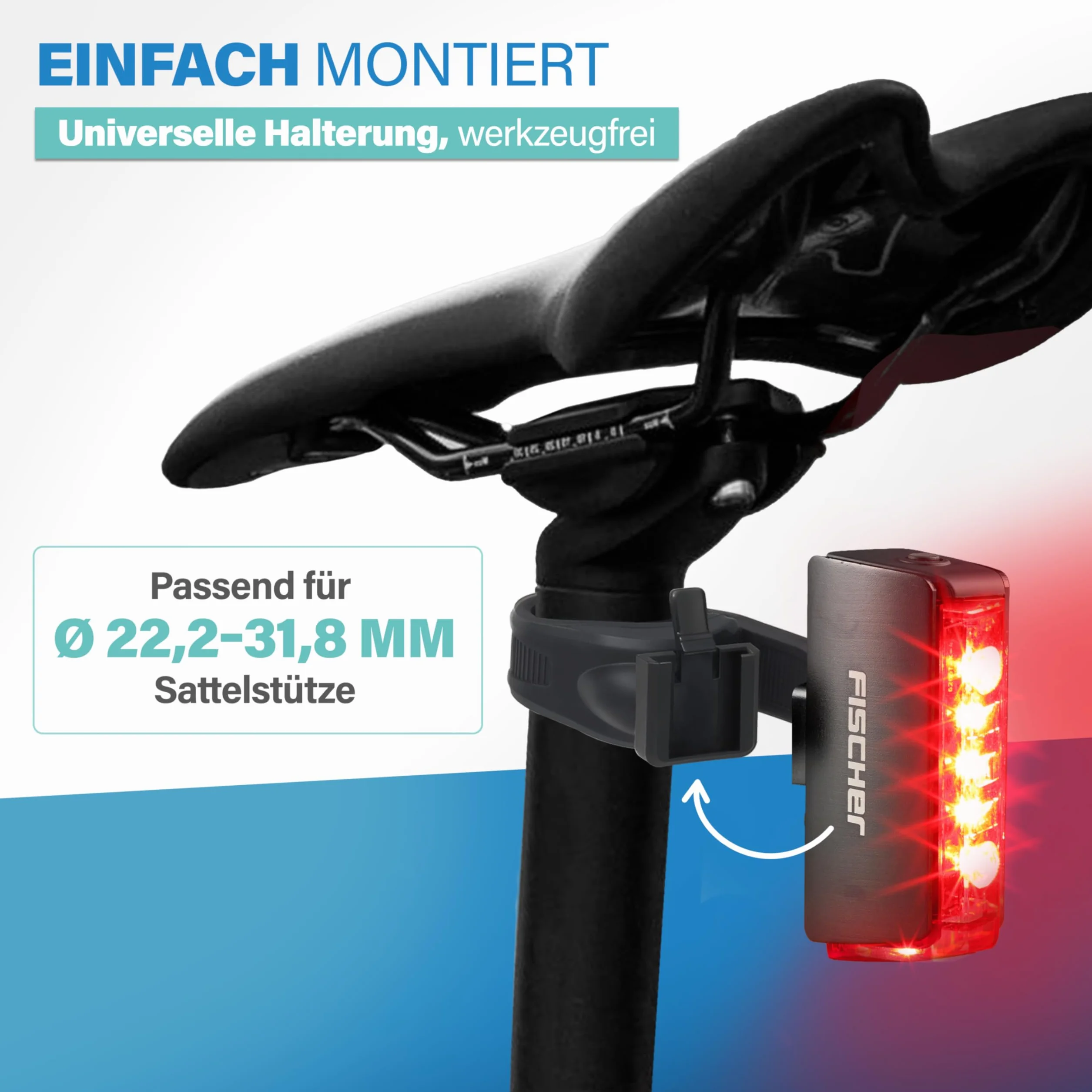 Fischer Tylne światło rowerowe LED z akumulatorem Twin Stop, z dodatkowym oświetleniem podłogowym i światłem hamowania, aluminiowa obudowa, czas świecenia do 8 godzin, kolor czarny, 1 sztuka