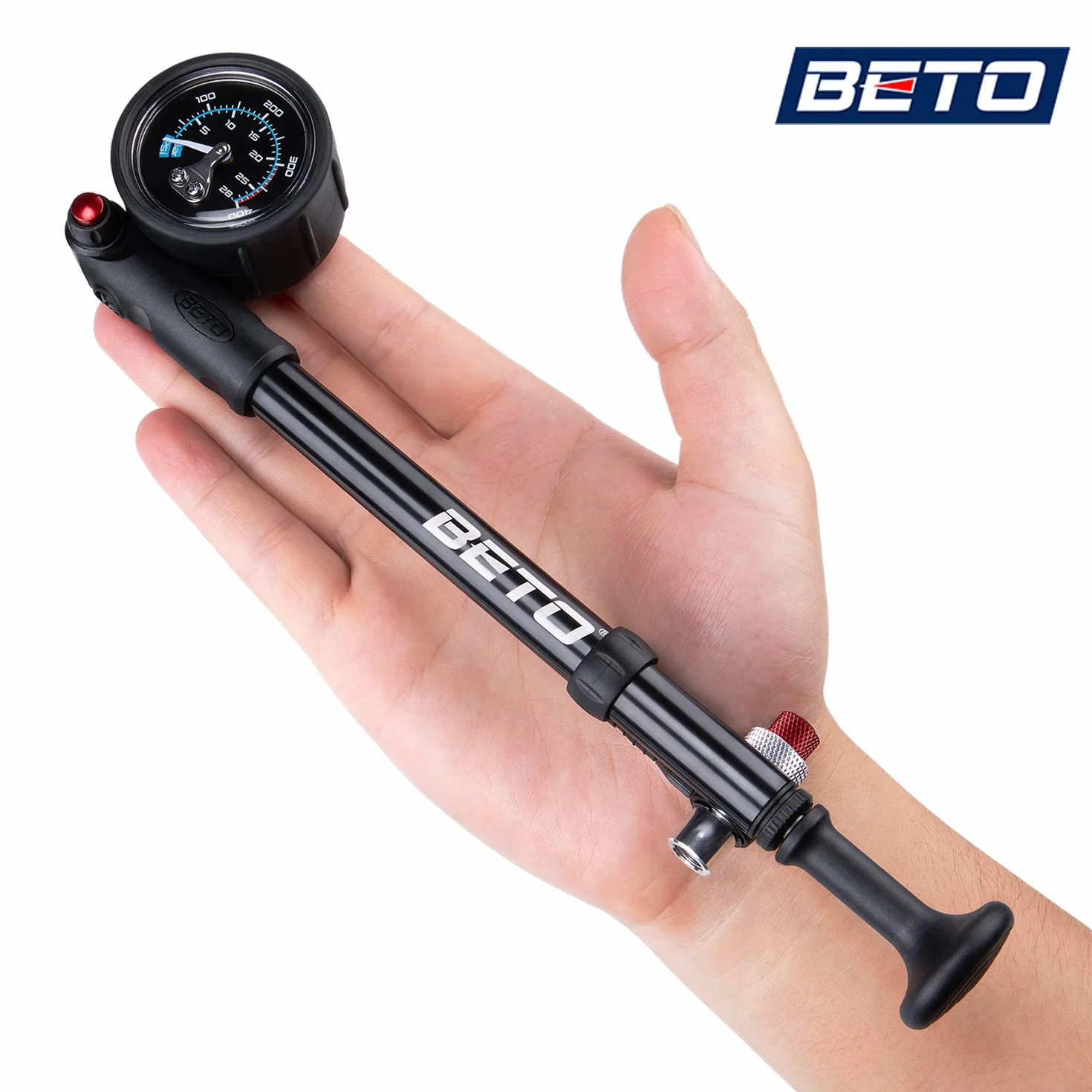BETO Wysokociśnieniowa pompa wstrząsowa – (400 PSI Max) pompa amortyzacyjna do roweru MTB do zawieszenia widelca i tylnego zawieszenia z bezstratnym zaworem Schradera