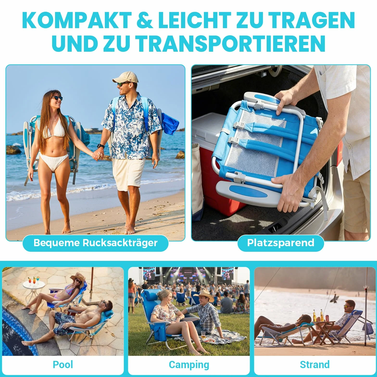 #WEJOY 4-pozycyjne regulowane krzesło plażowe dla dorosłych, składane niskie krzesło plażowe lekkie i przenośne, kieszeń na poduszkę z wysokim oparciem, na zewnątrz, ogród, leżanka, kemping, krzesło