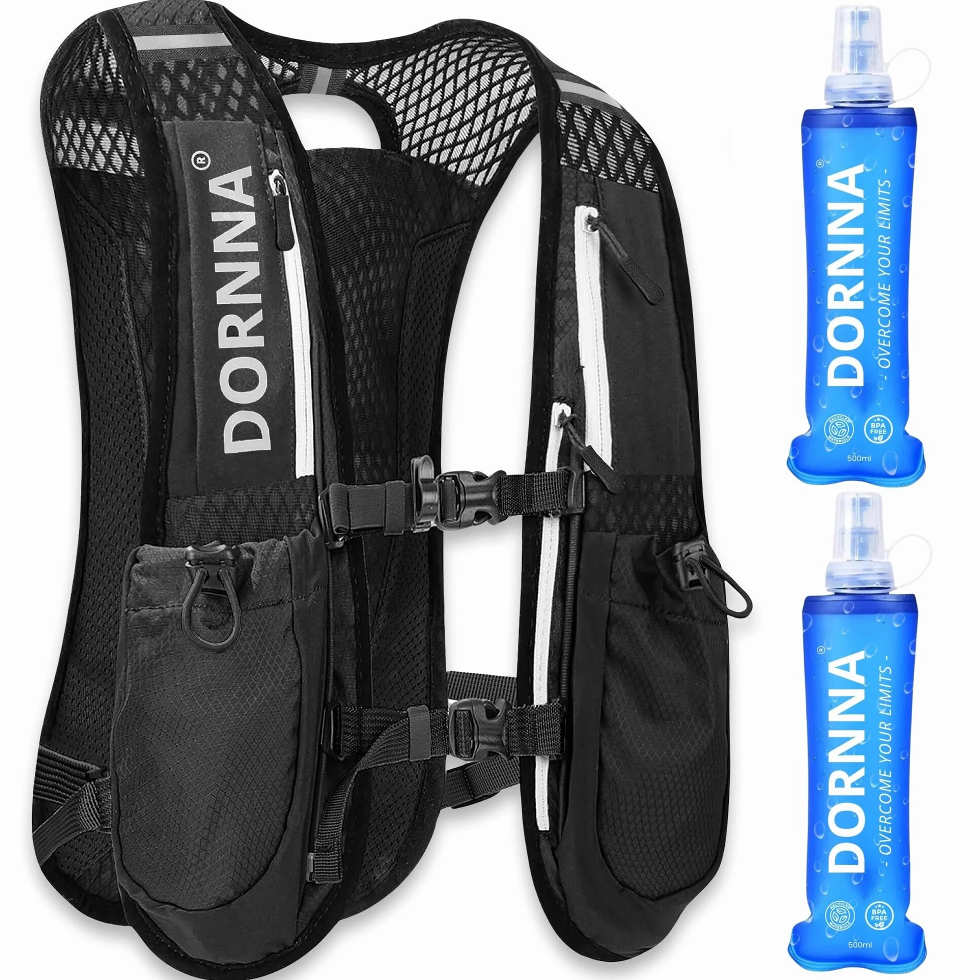 Kamizelka nawodniająca do biegania szlakowego + 2 miękki flask 500 ml, plecak do biegania dla mężczyzn i kobiet, tylna kieszeń na pęcherze do 3 l.