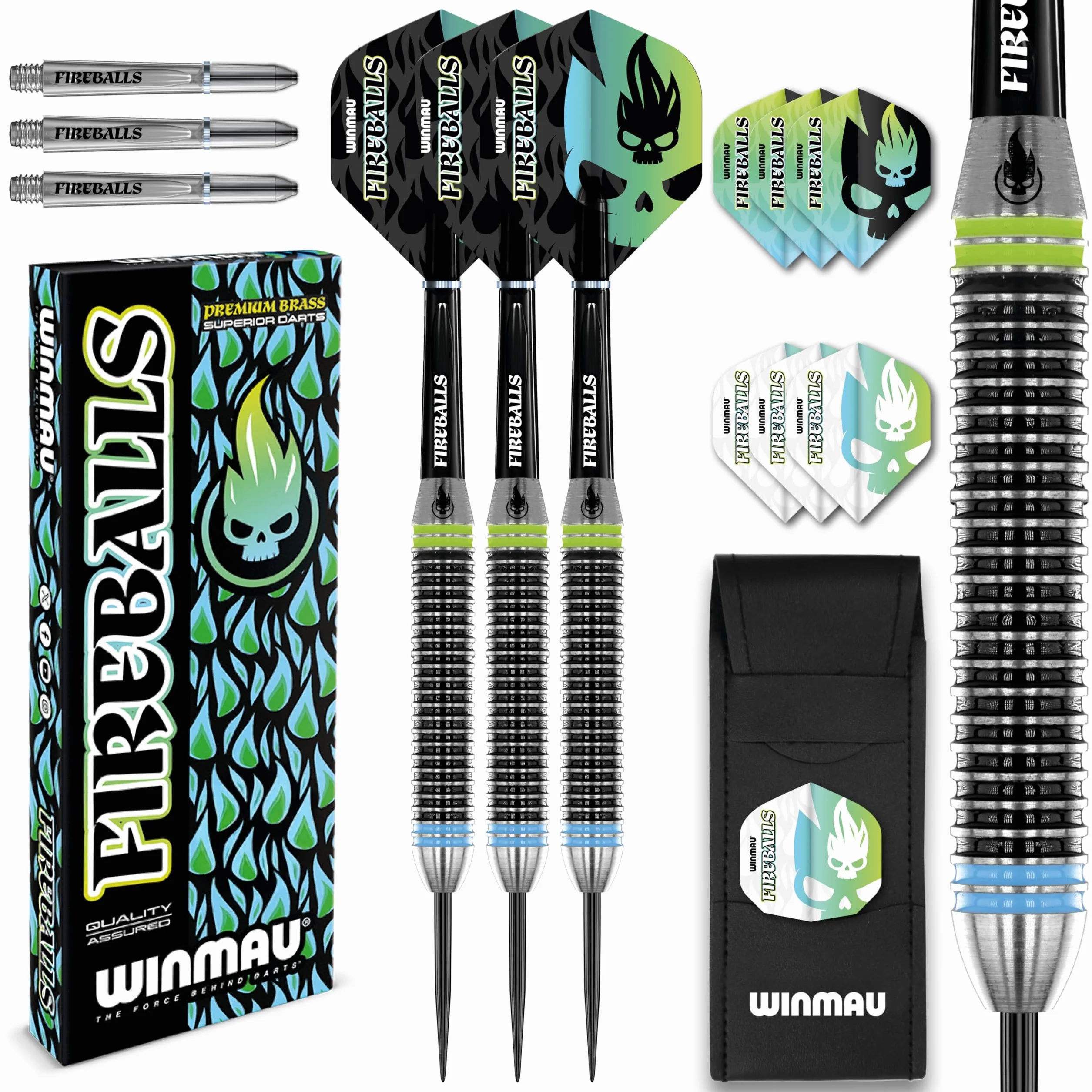 WINMAU Darts Fireball 22g Mosiężny Zestaw Rzutek ze stalowymi końcówkami, lotkami i trzonkami (szaftami) w tym portfel na rzutki