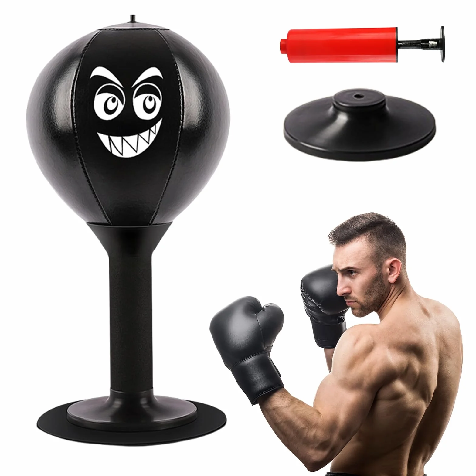 Stół bokserski, worek bokserski, do biura, mini worek bokserski, zabawka na biurko, worek bokserski, stojący, z mocnymi przyssawkami, pompka powietrza dla dzieci i dorosłych (czarny)