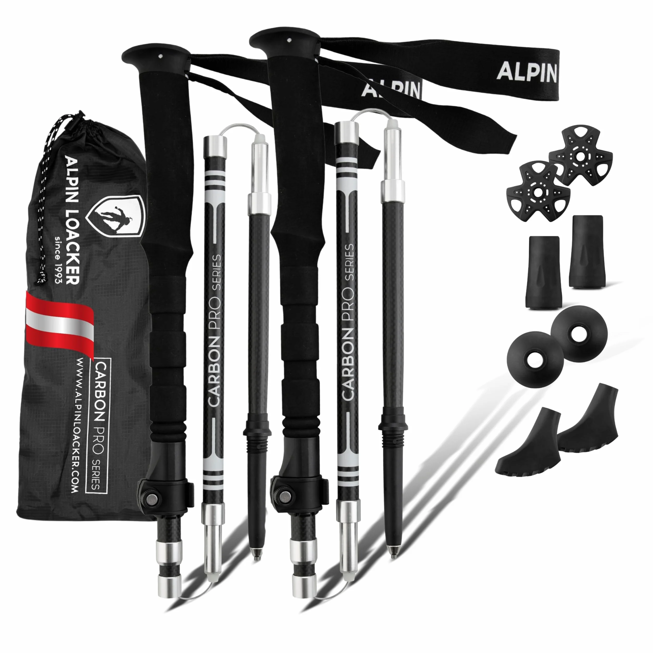 ALPIN LOACKER Kijki trekkingowe składane z włókna węglowego lub aluminiowego z uchwytem korkowym