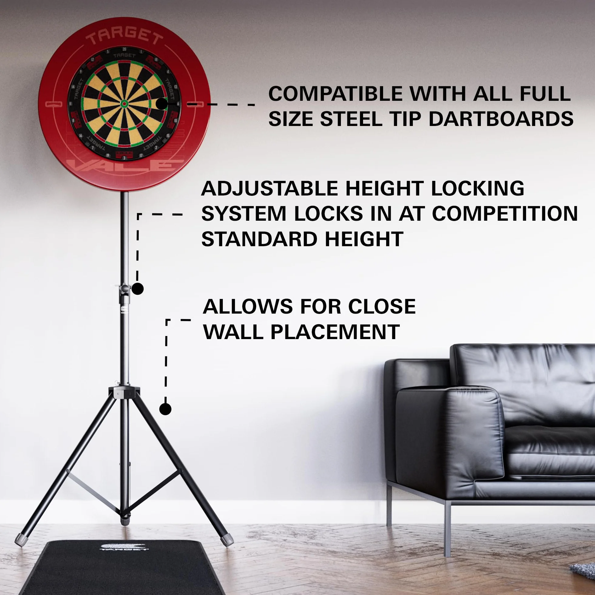 TARGET DARTS Portable Dartboard Stand | Mobilne stojaki na rzutki na trójnogu, system wolnostojący z mocowaniem do tablicy, do wnętrz i na zewnątrz, składany stojak podróżny do rzutek stalowych
