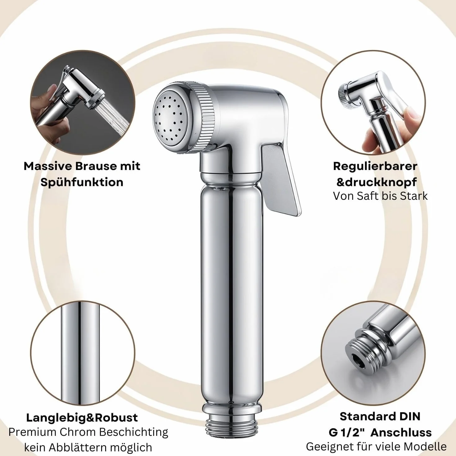 Ręczna Słuchawka Bidetowa WC/Bidet z Chromowanego Mosiądzu – Zestaw Soho Design z Zaworem Odcinającym, Uchwyt Ścienny, Wąż 120 cm, Gwint G1/2”