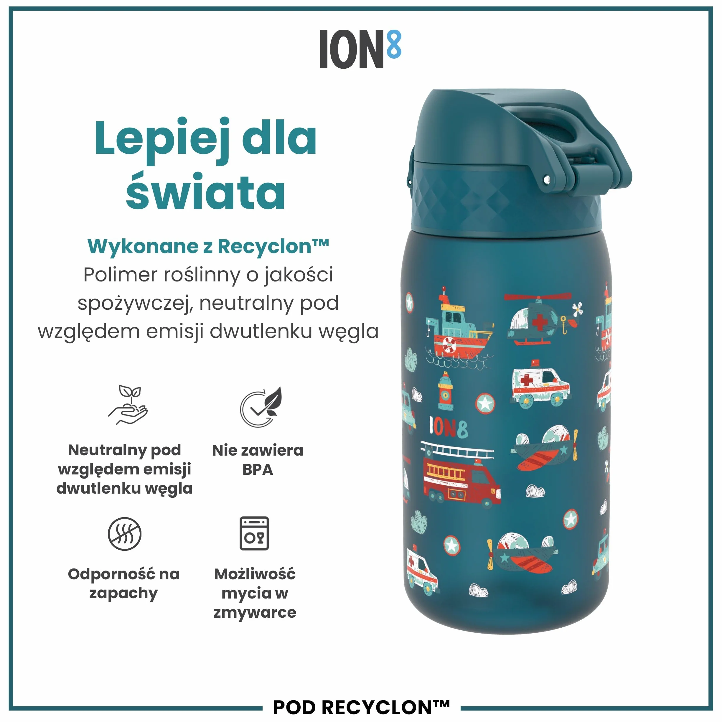 ION8 Butelka dla Dzieci 350 ml Szczelna Bez BPA Łatwa do Otwarcia Pojazd Ratunkowy