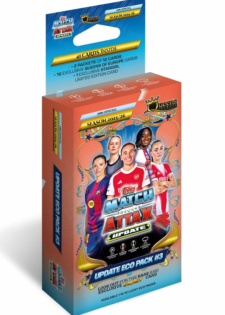 Topps UCC Match Attax 2025/26 - Update Eco Pack #3 - Queens of Europe - zawiera 41 kart, w tym 16 ekskluzywnych kart Queens of Europe plus jedną kartę LE Star Girl.