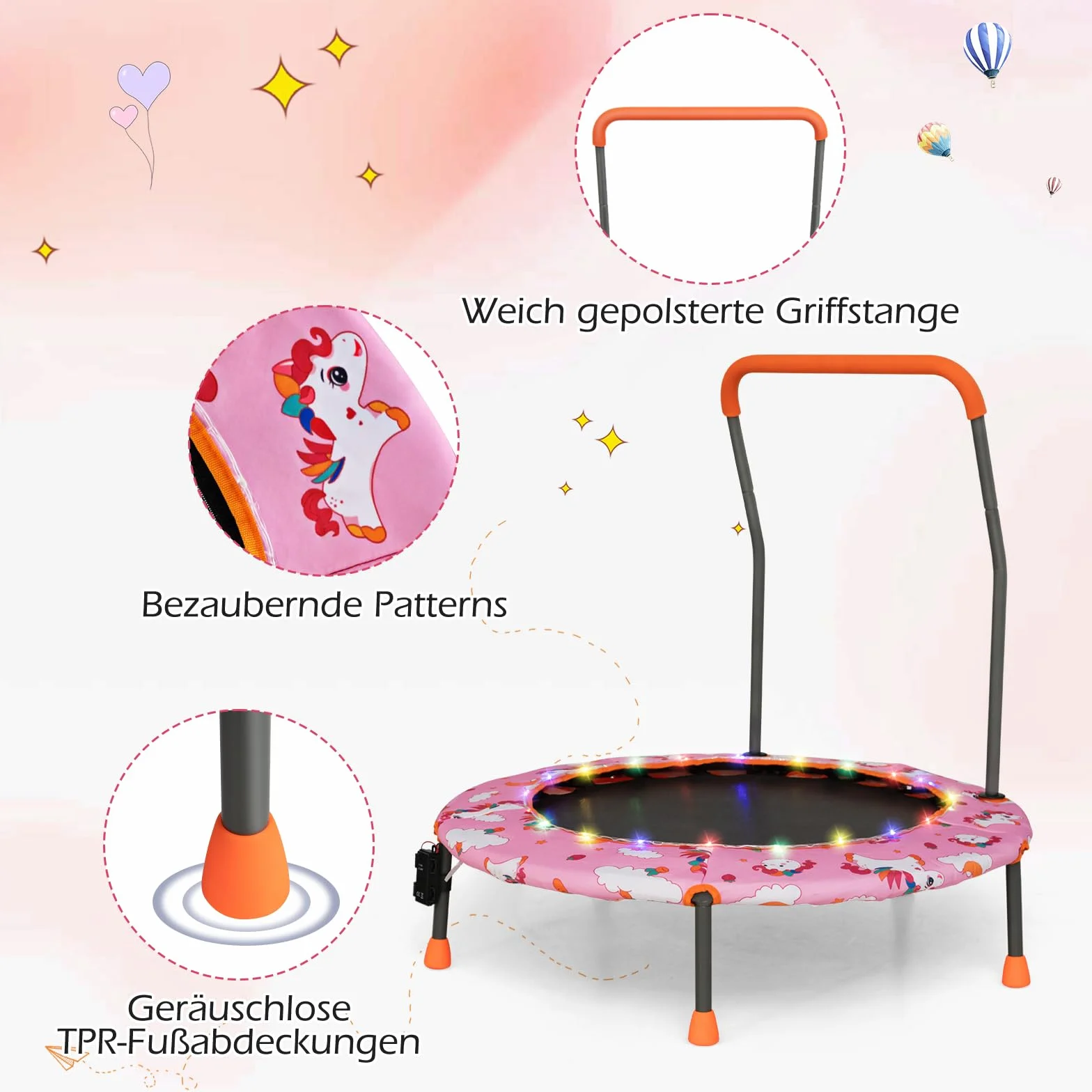 COSTWAY Trampolina dla dzieci o średnicy 92 cm, mini trampolina z oświetleniem LED i zdejmowanym uchwytem, trampolina fitness, trampolina ogrodowa, do użytku wewnątrz i na zewnątrz, dla dzieci w wieku