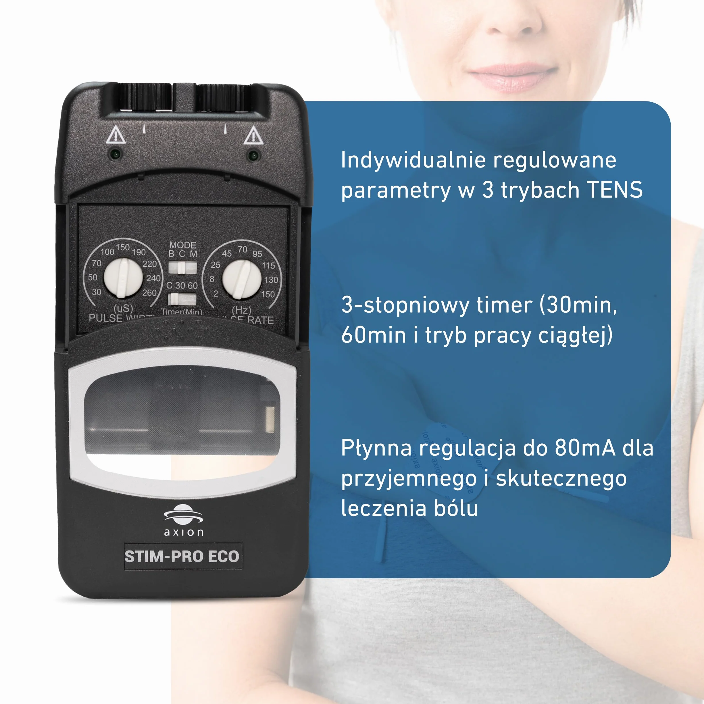 Elektrostymulator TENS-STIM PRO ECO- 2-kanałowy- kompaktowe i wydajne urządzenie TENS do terapii bólu z 4 elektrodami 5x5 cm - regulowane parametry - axion