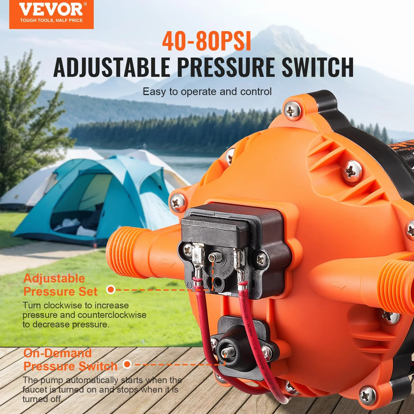 VEVOR Pompa membranowa 12 V, 5 GPM 18,93 l/min, 5-komorowa pompa wodna 12 V DC z automatycznym wyłącznikiem ciśnienia 40 – 100 PSI, 70 PSI, port MNPT do kamperów, jachtów, kamperów, kamperów, łodzi
